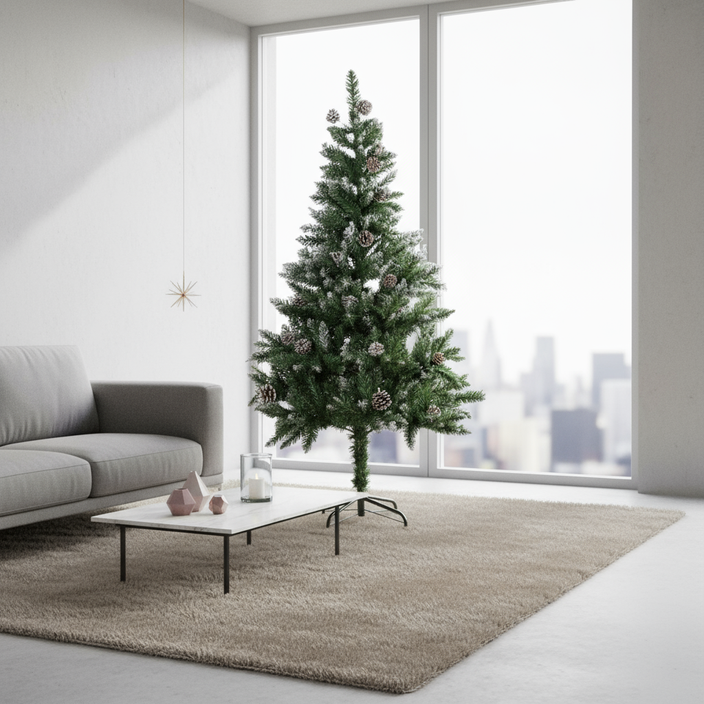 5 Feet - Frosted Christmas Tree with Metal Stand & Pine Cones (150cm) 1pc  (Ornaments Combo)
