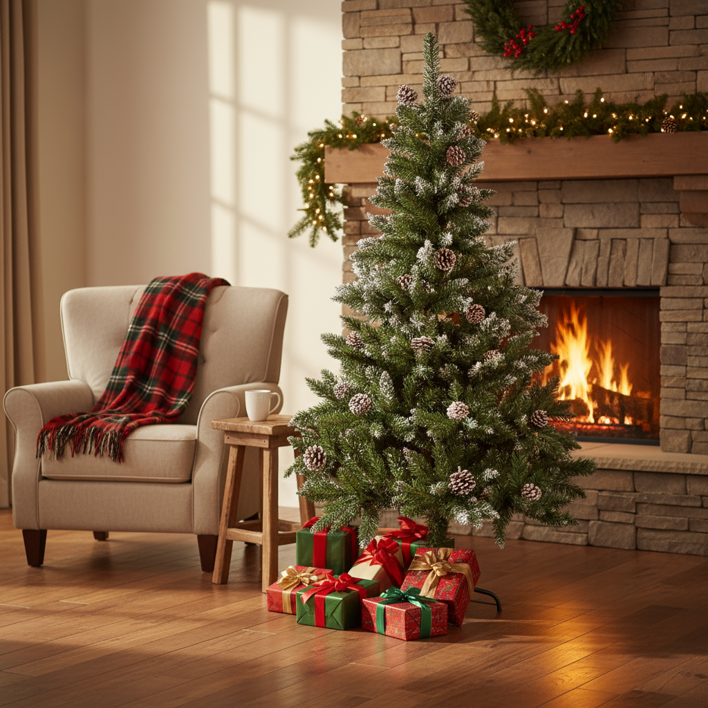 6 Feet - Frosted Christmas Tree with Metal Stand & Pine Cones (180cm) 1pc Box  (Ornaments Combo)