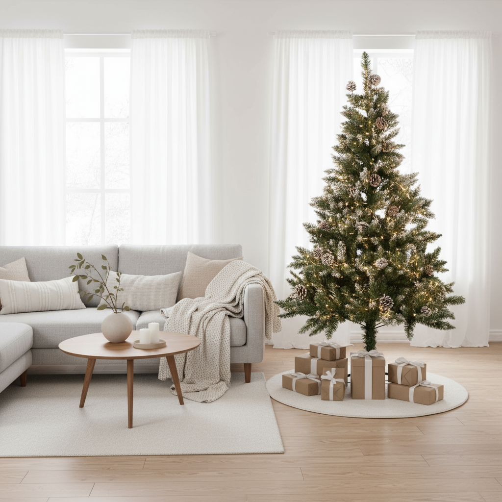 Frosted Christmas Tree with Metal Stand & Pine Cones 7 Ft (210cm) 1pc Box