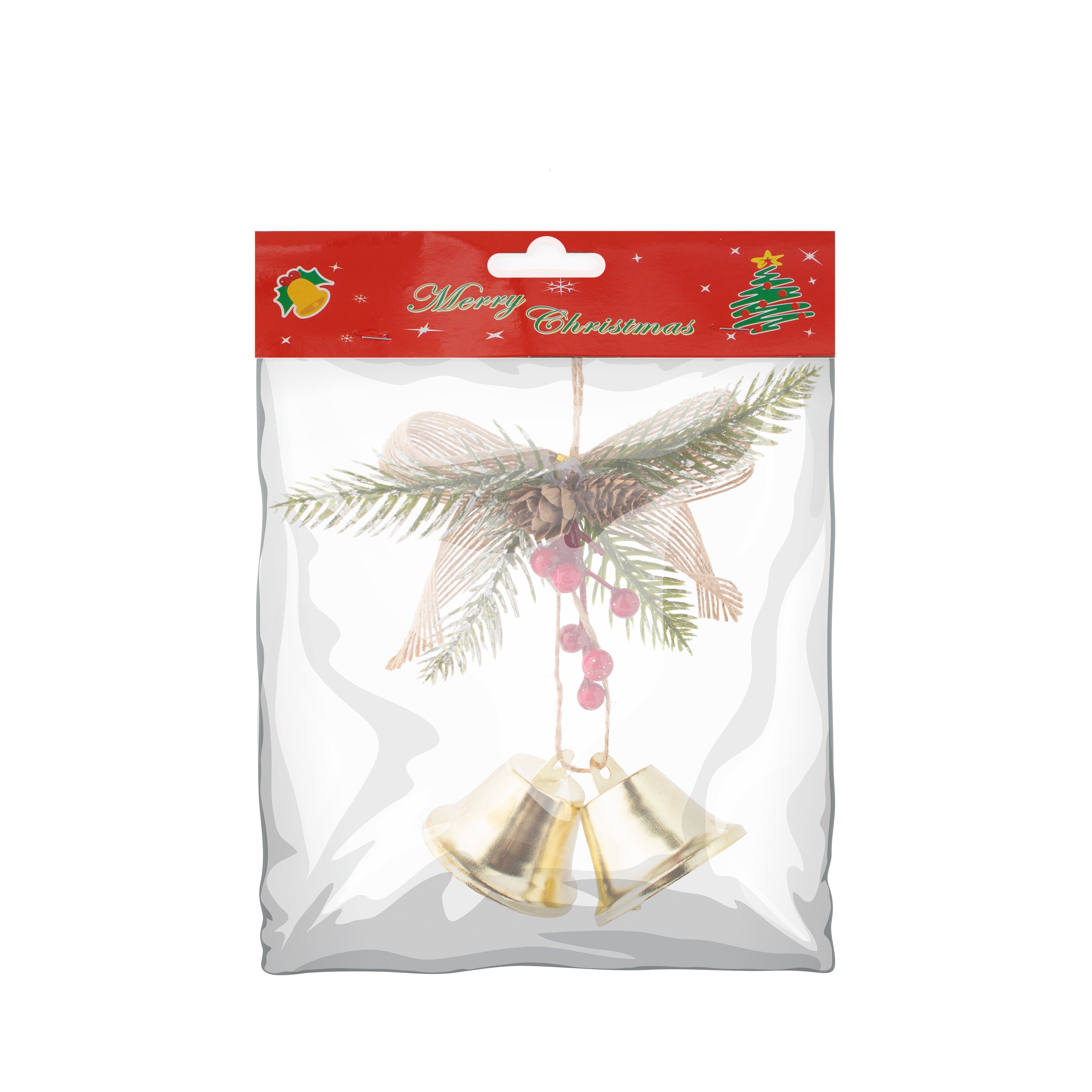 Christmas Hanging Bow Berries with Gold Bells 8inch 1pc