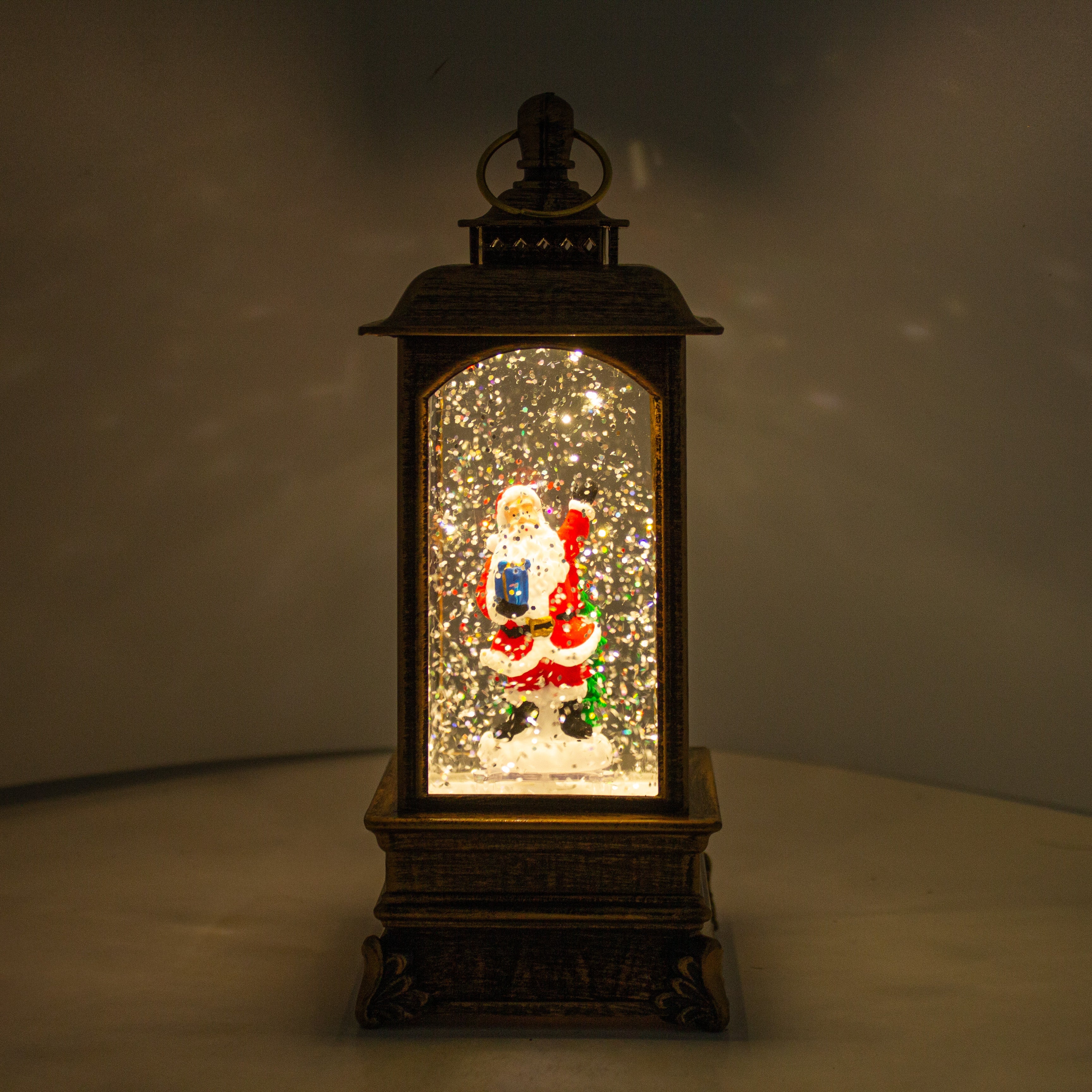Christmas Light and Music Snow Lantern Santa with Gift USB and Battery Powered H9inch X 3inch 1pc Box