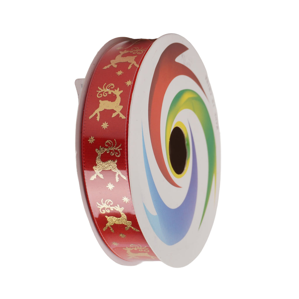 Christmas Printed Satin Ribbon Golden Reindeer 1.8mm X 2.7mtr 1pc