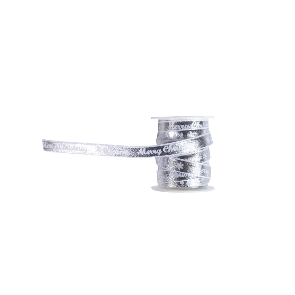 Merry Christmas Metallic Printed Satin Ribbon Silver 1cm X 4.5mtr 1pc