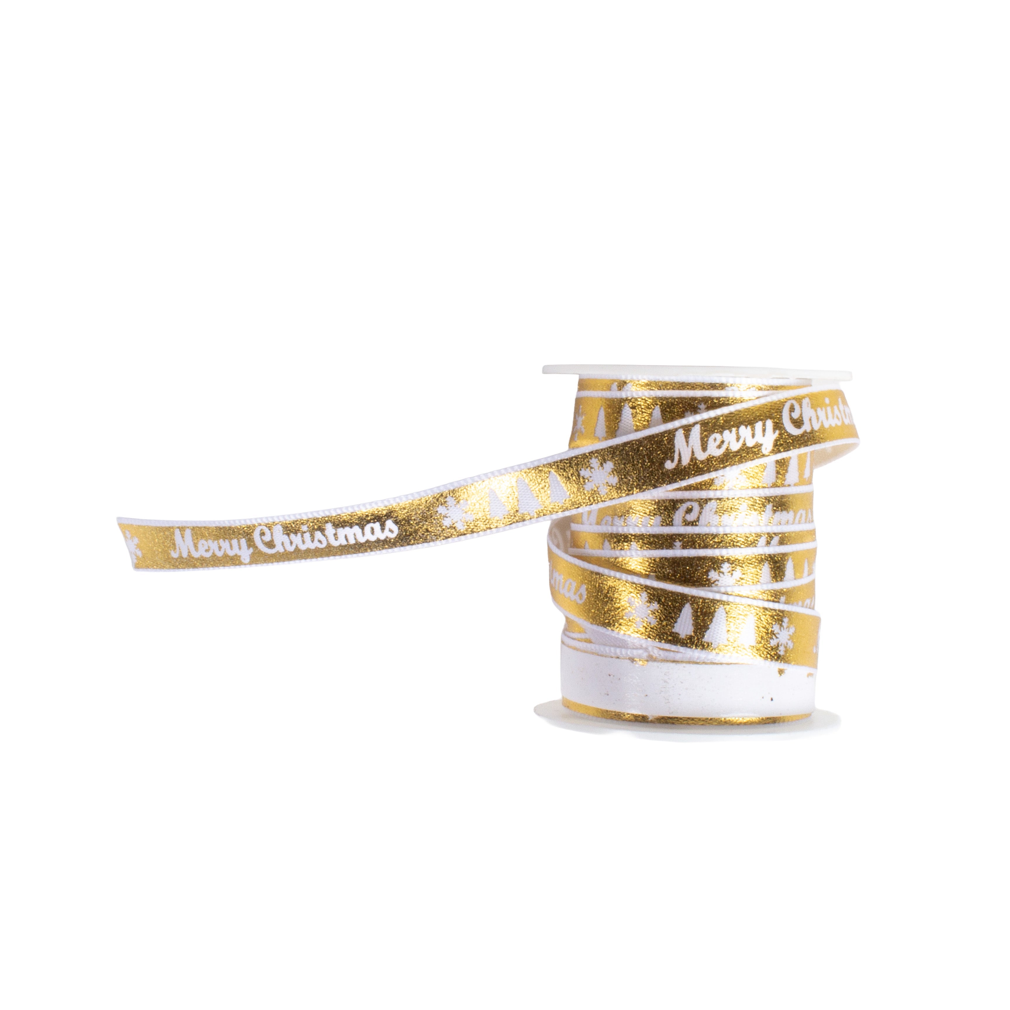 Merry Christmas Metallic Printed Satin Ribbon Gold 1cm X 4.5mtr 1pc