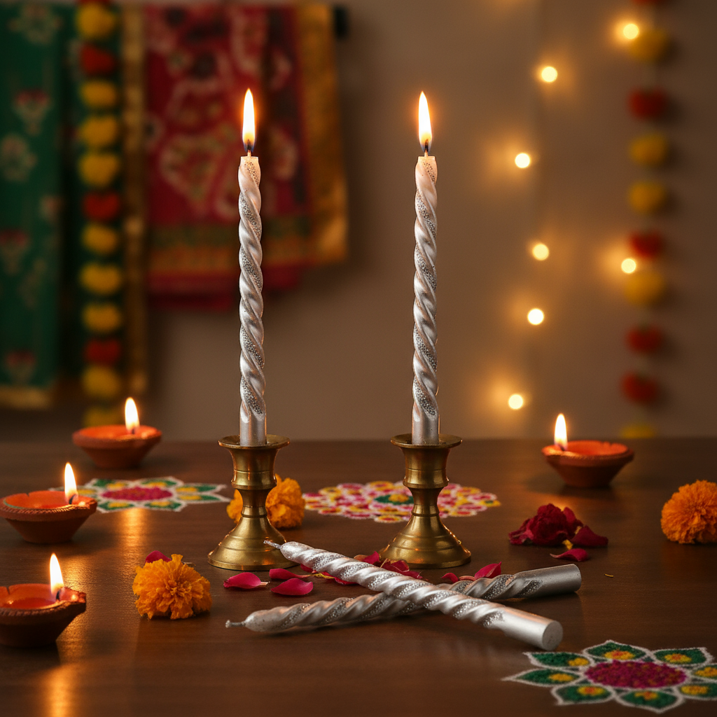 Silver Spiral Candle & Metal Candlestick Holder (Large) Combo