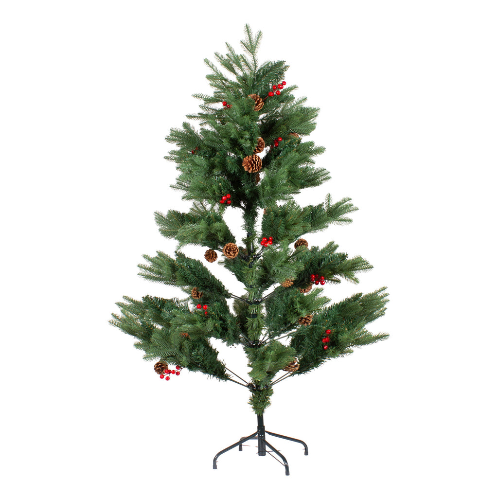 4 Feet - Christmas Deluxe Realistic Tree with Metal Stand Pine Cones & Red Berries 1pc  (Ornaments Combo)