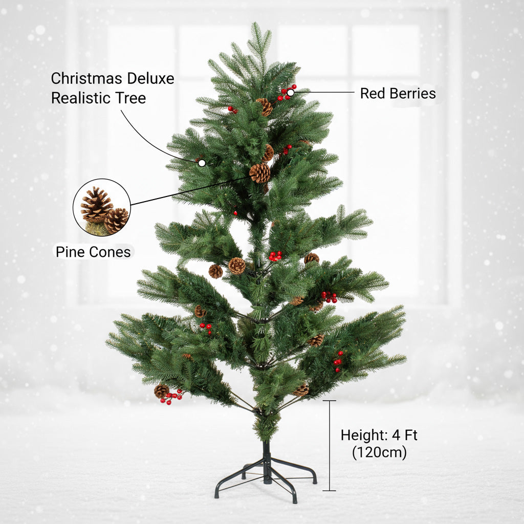Christmas Deluxe Realistic Tree with Metal Stand Pine Cones & Red Berries 4 Ft (120cm) 1pc
