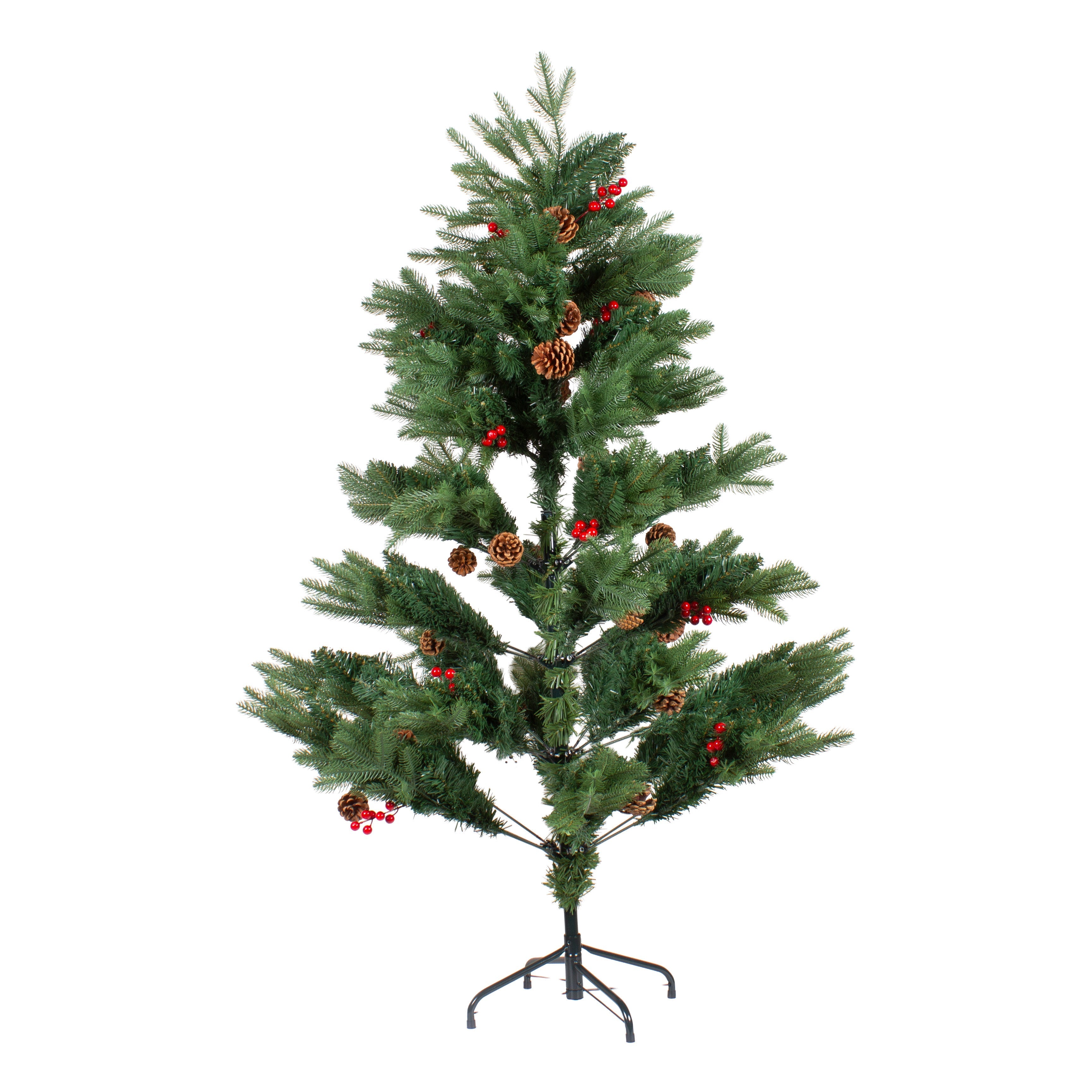 5 Feet - Christmas Deluxe Realistic Tree with Metal Stand Pine Cones & Red Berries (150cm) 1pc  (Ornaments Combo)