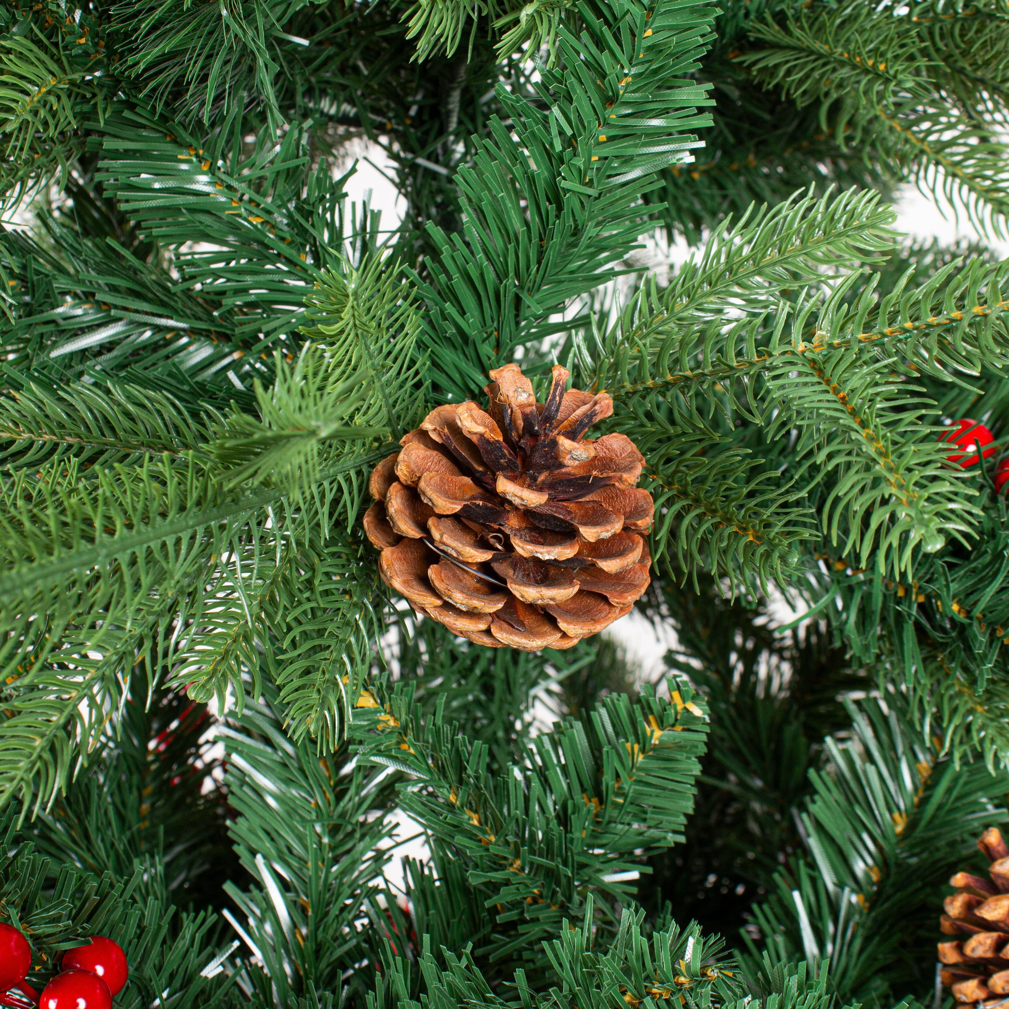 5 Feet - Christmas Deluxe Realistic Tree with Metal Stand Pine Cones & Red Berries (150cm) 1pc  (Ornaments Combo)