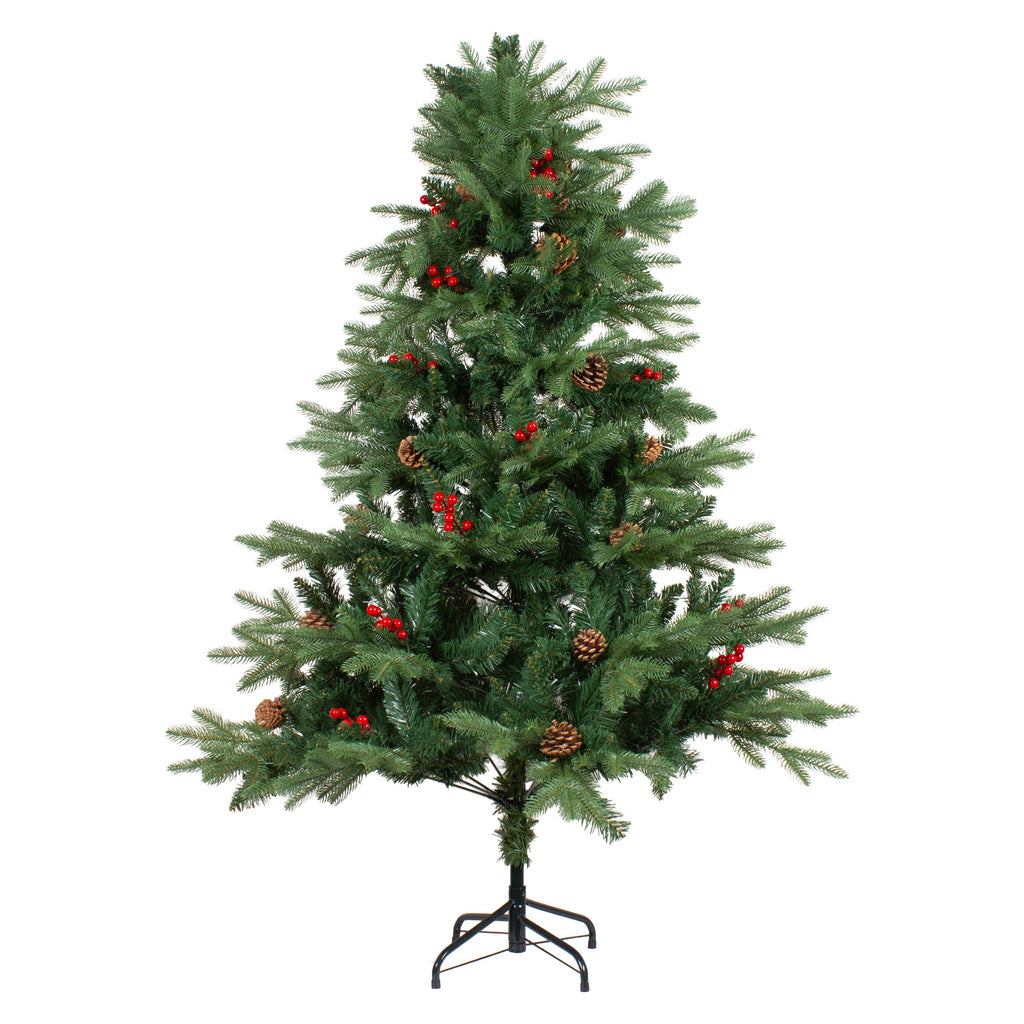 6 Feet - Christmas Deluxe Realistic Tree with Metal Stand Pine Cones & Red Berries (180cm) 1pc  (Ornaments Combo)