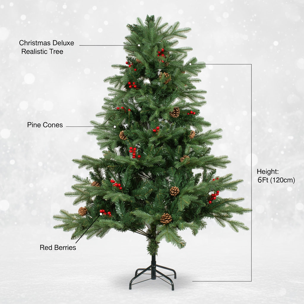 Christmas Deluxe Realistic Tree with Metal Stand Pine Cones & Red Berries 6 Fet (180cm) 1pc