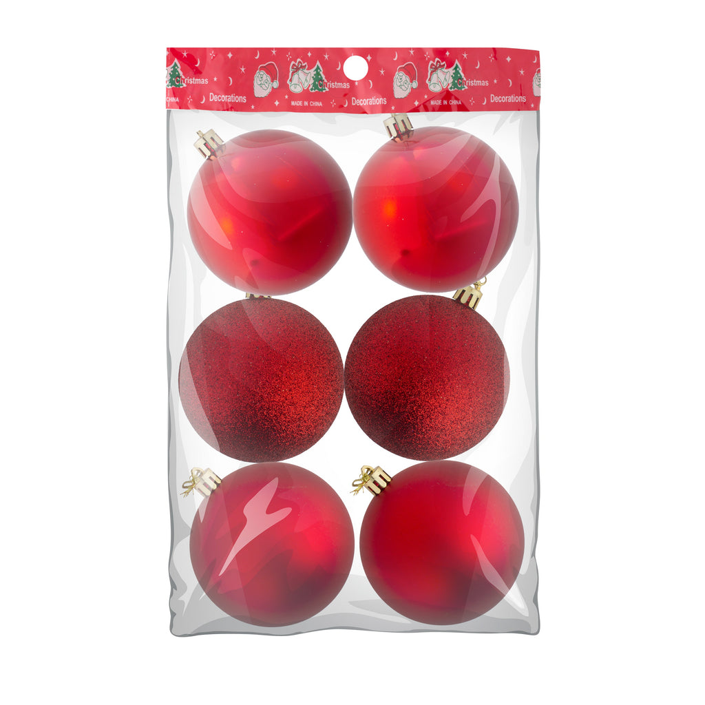 Christmas Decoration Matte Finish, Glittered Bauble Big Red 8cm 6pcs