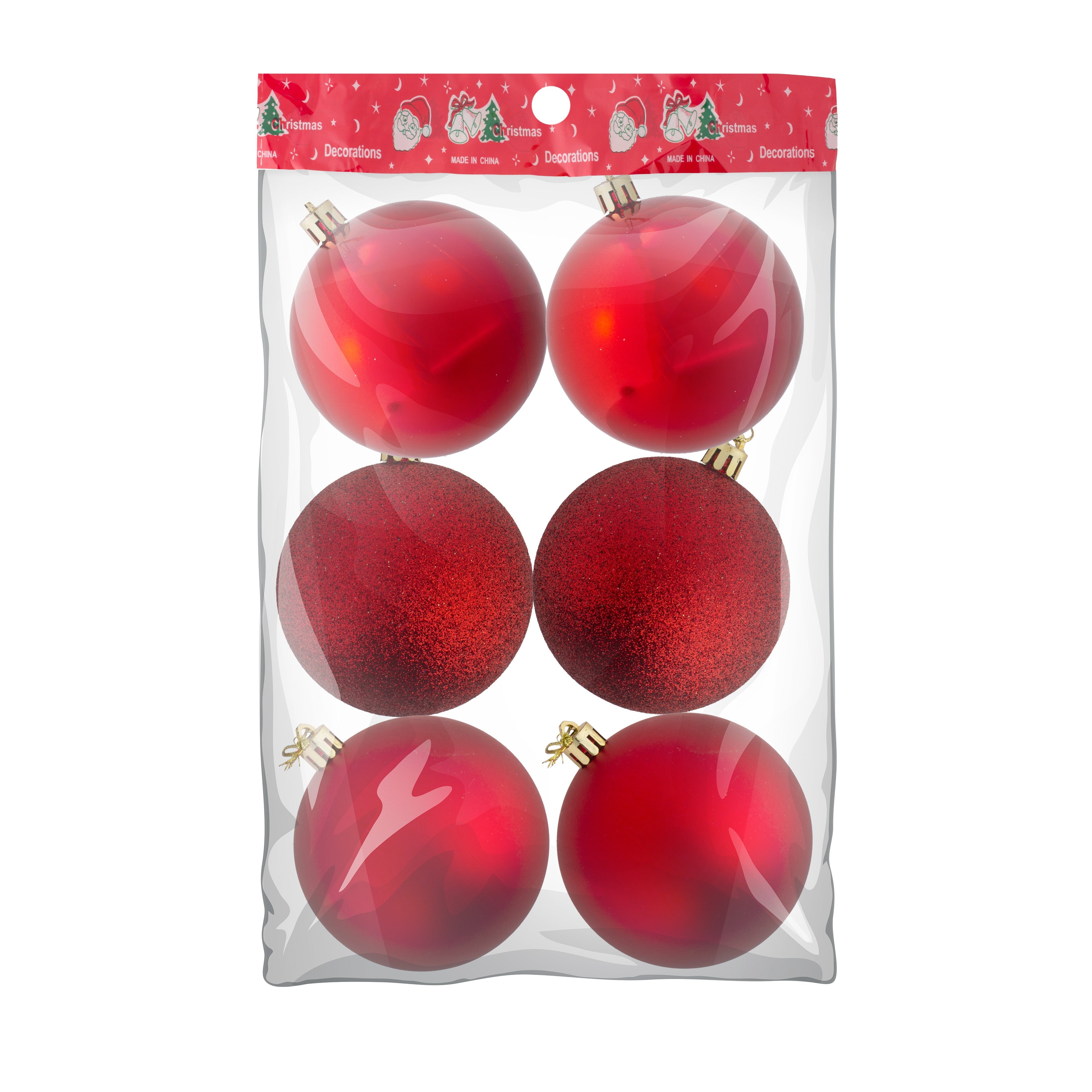 Christmas Decoration Matte Finish, Glittered Bauble Big Red 8cm 6pcs