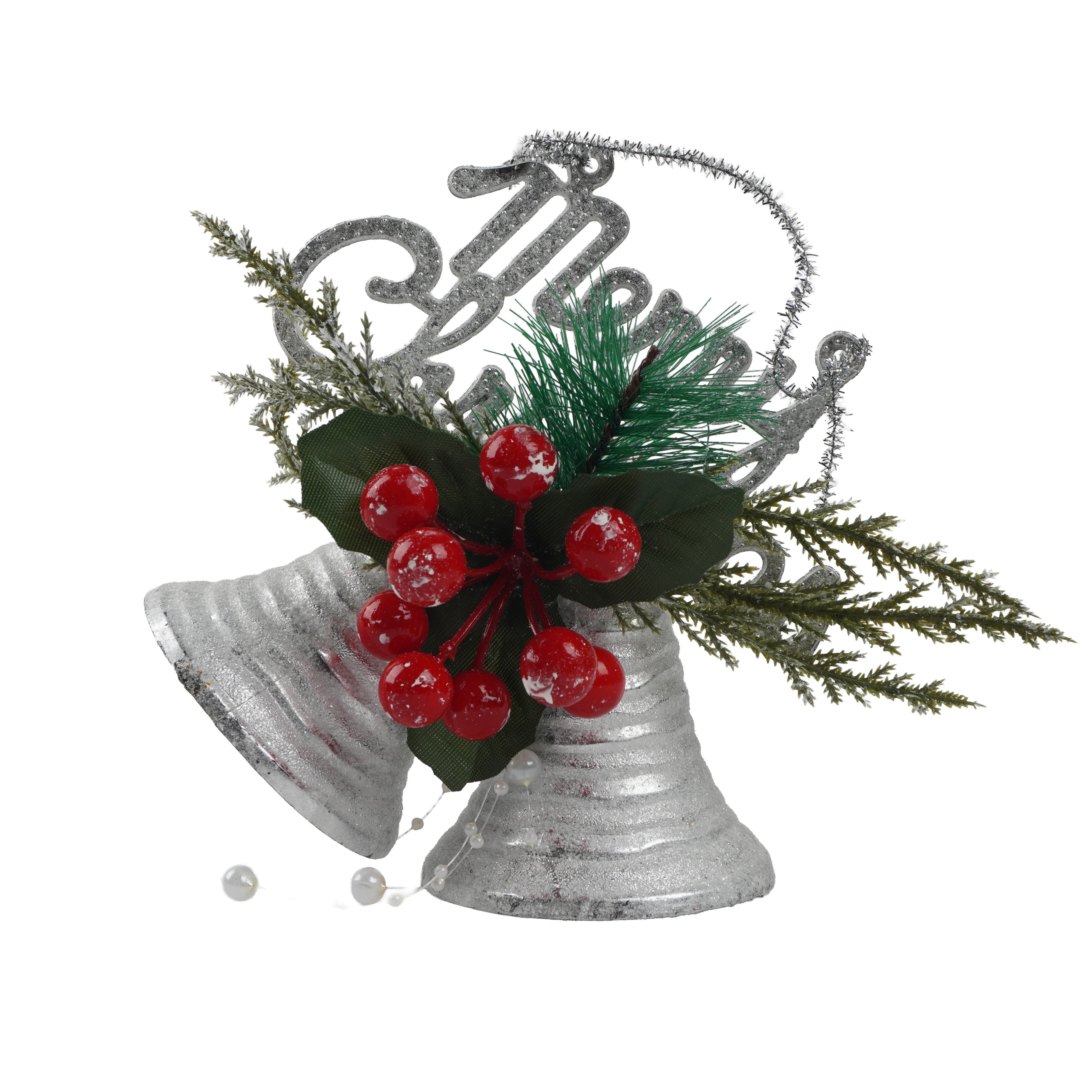 Christmas Decoration Hanging Bell with Holly Berry White 15cm 1pc