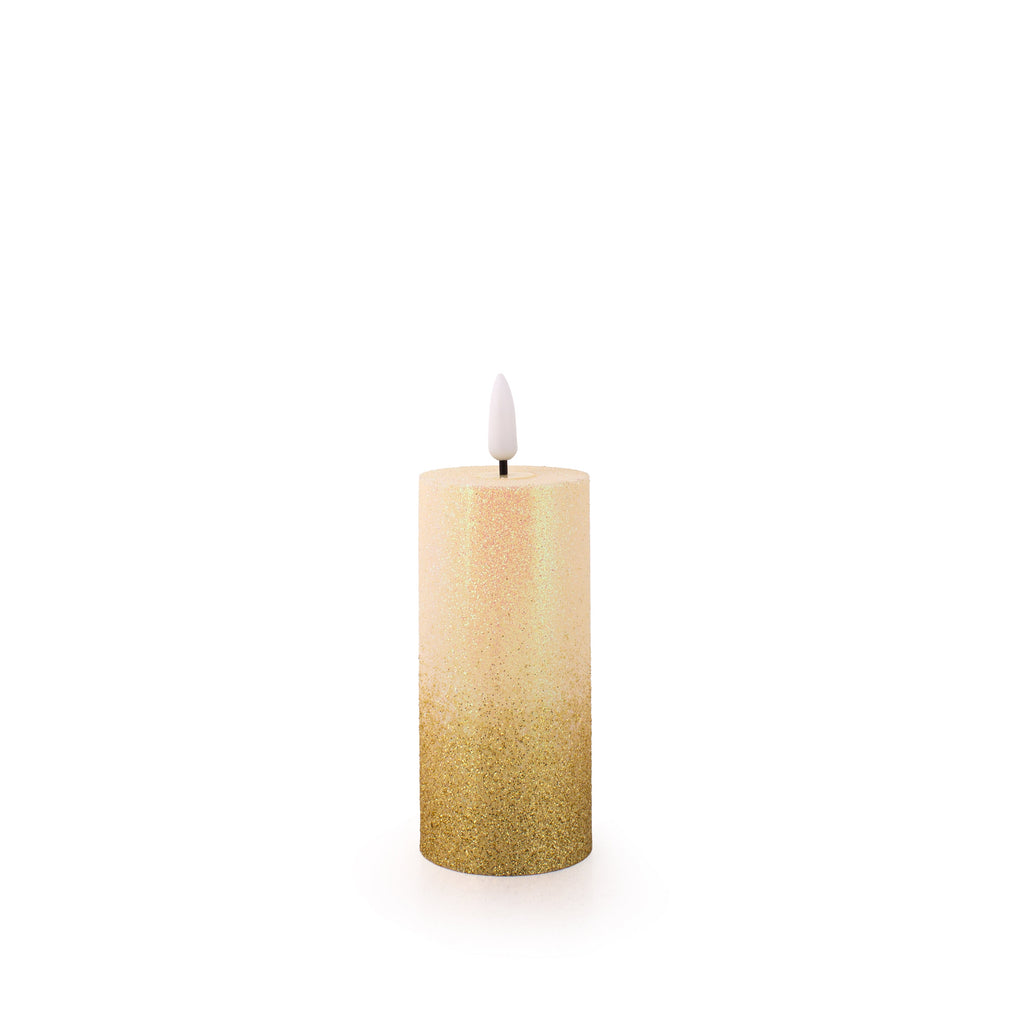LED Pillar Candle Gold Glittered Warm Yellow Light 11cm 1pc