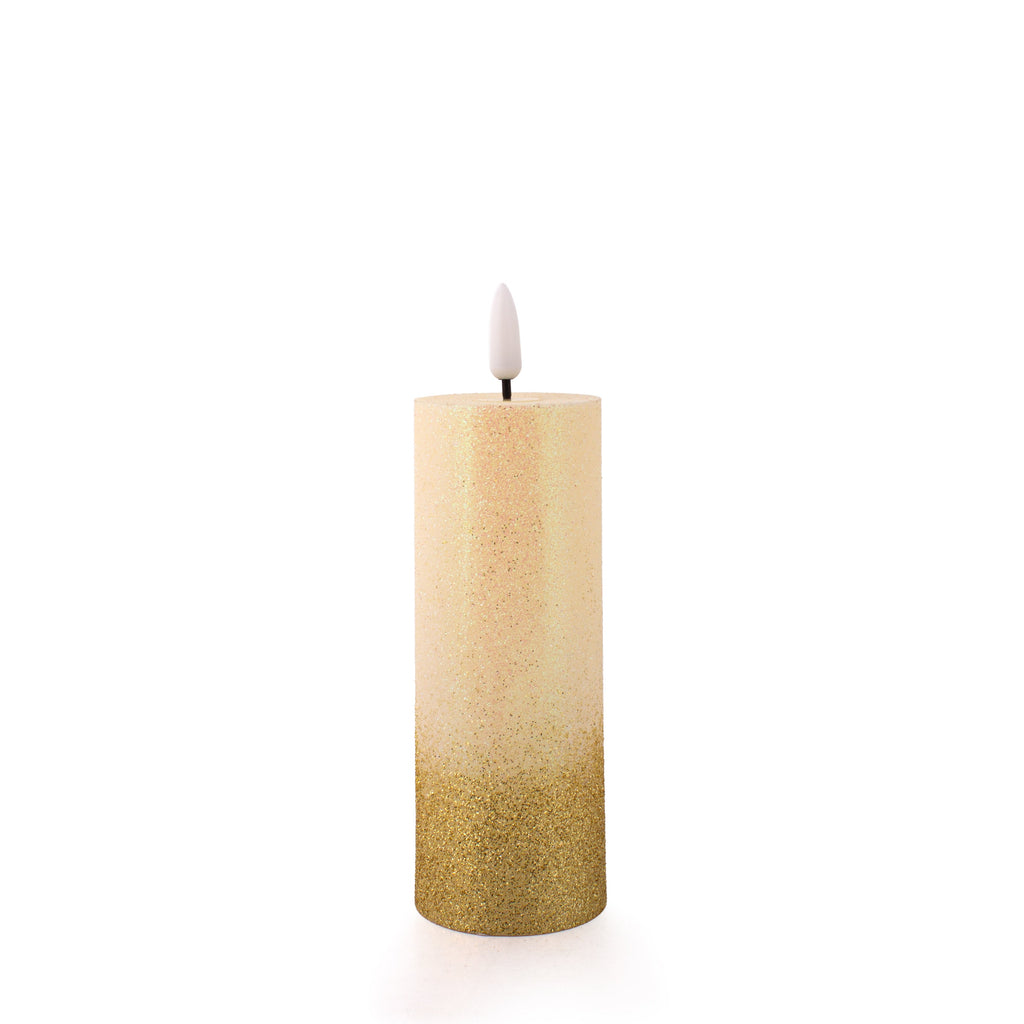 LED Pillar Candle Gold Glittered Warm Yellow Light 13.5cm 1pc