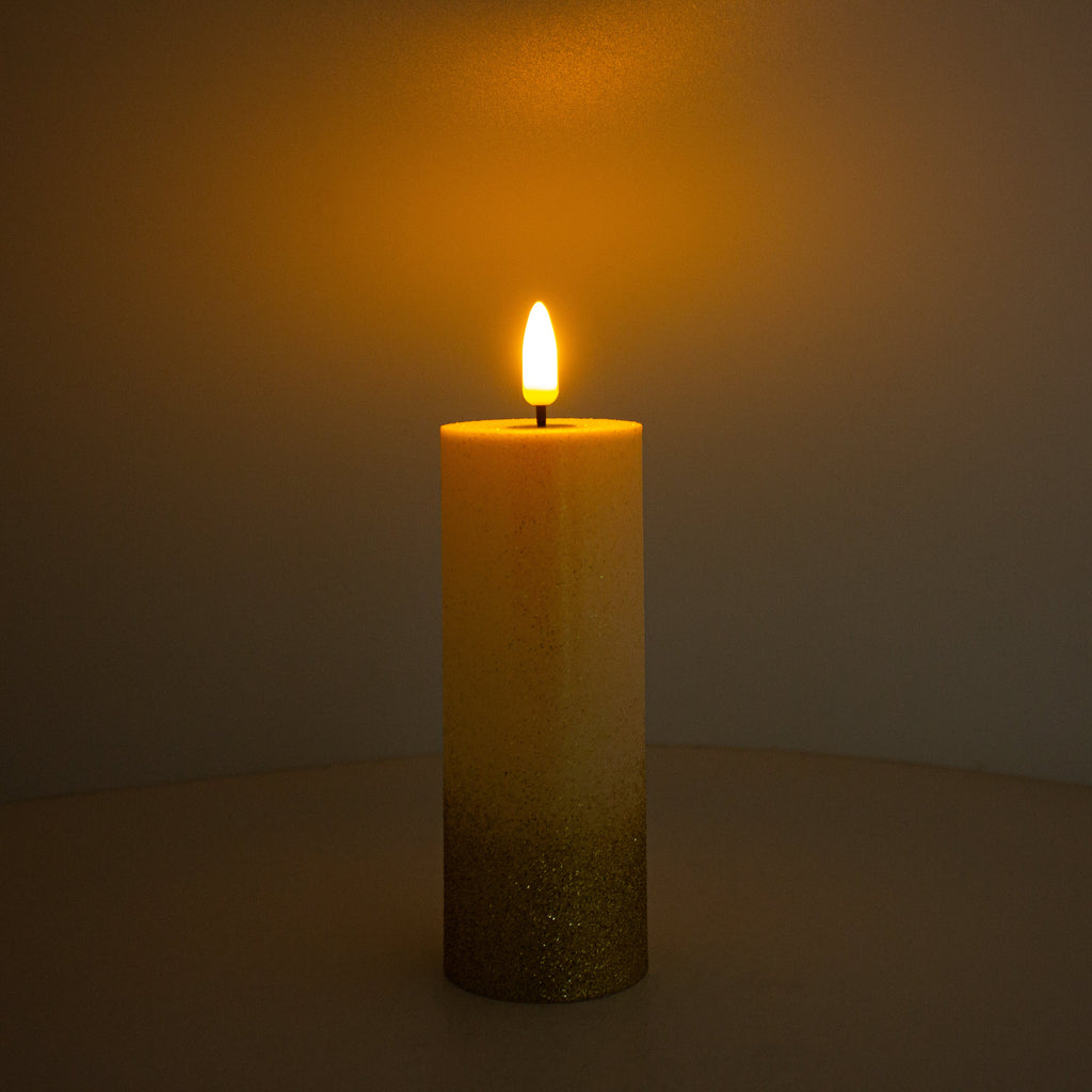 LED Pillar Candle Gold Glittered Warm Yellow Light 13.5cm 1pc