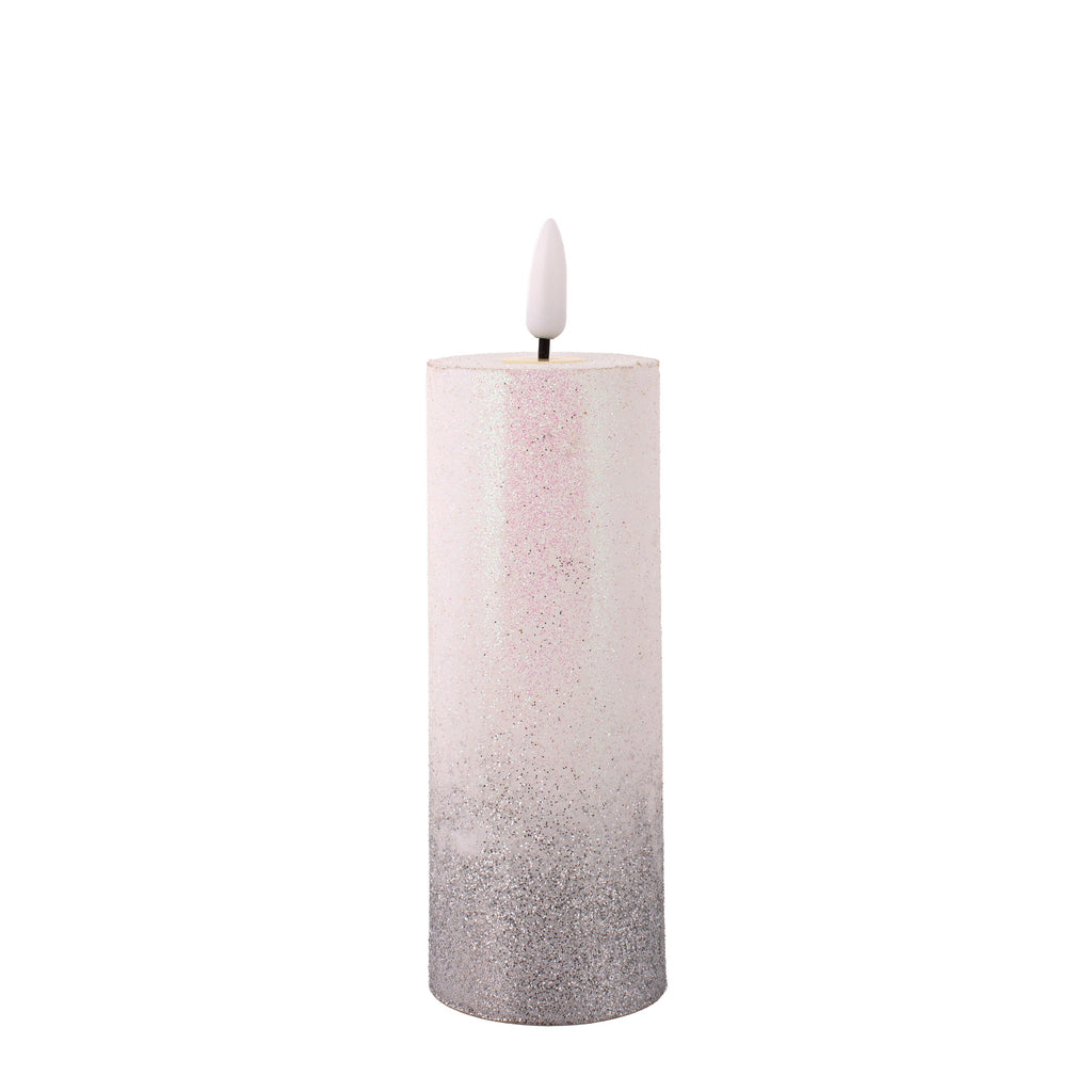 LED Pillar Candle Silver Glittered Warm Yellow Light 13.5cm 1pc