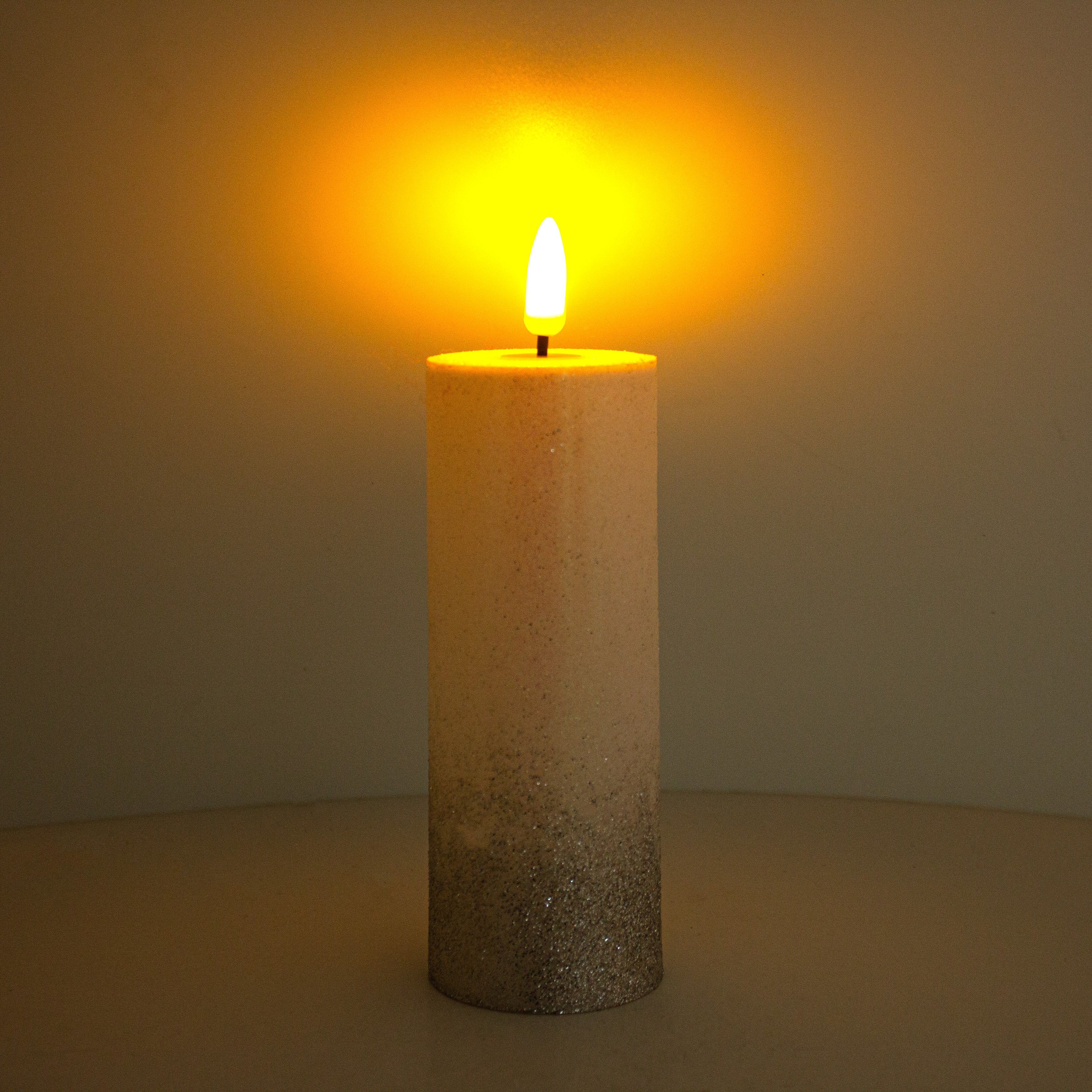 LED Pillar Candle Silver Glittered Warm Yellow Light 13.5cm 1pc