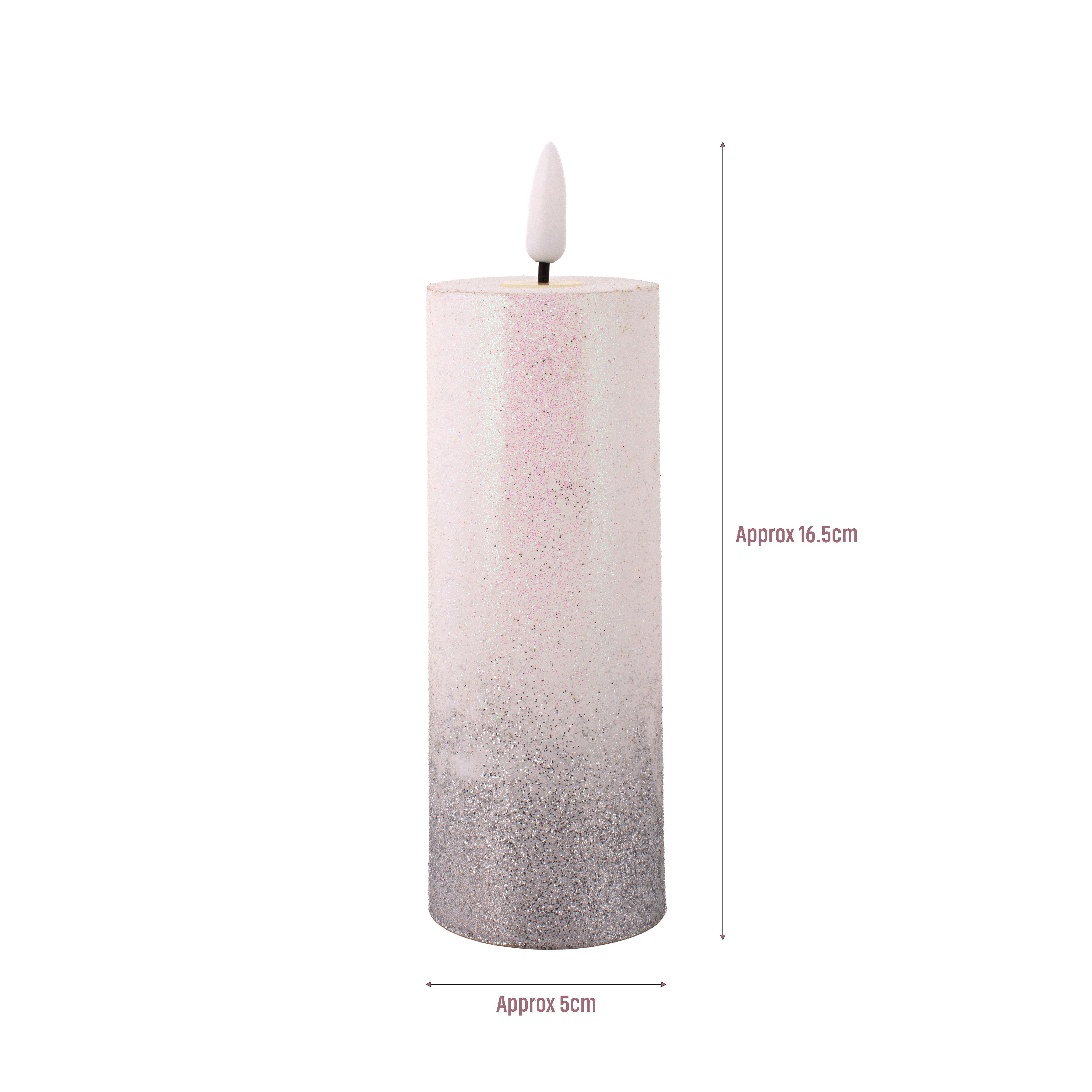 LED Pillar Candle Silver Glittered Warm Yellow Light 13.5cm 1pc