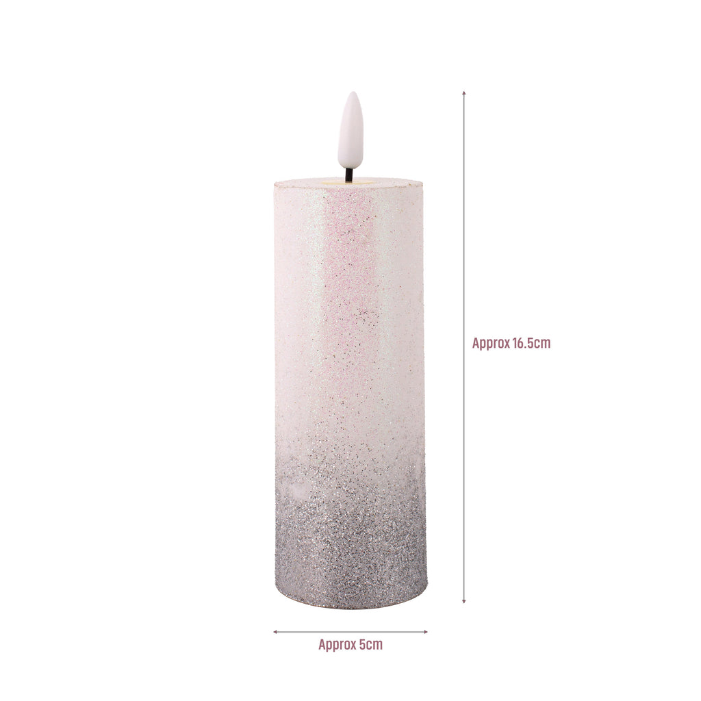 LED Pillar Candle Silver Glittered Warm Yellow Light 13.5cm 1pc