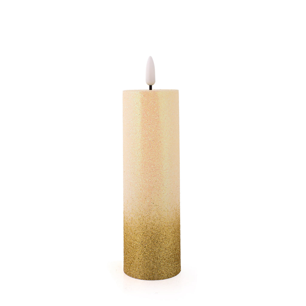 LED Pillar Candle Gold Glittered Warm Yellow Light 16cm 1pc