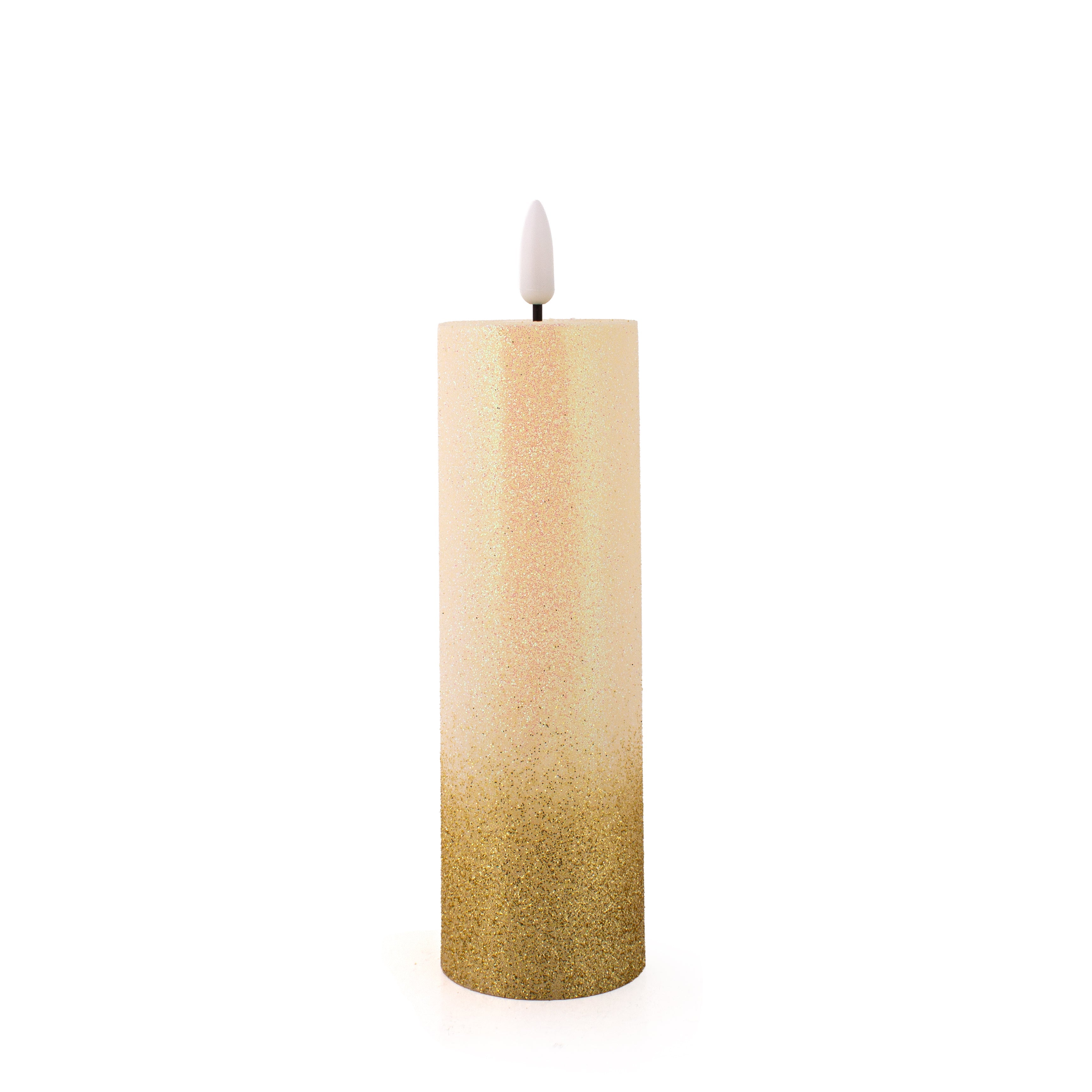 LED Pillar Candle Gold Glittered Warm Yellow Light 16cm 1pc