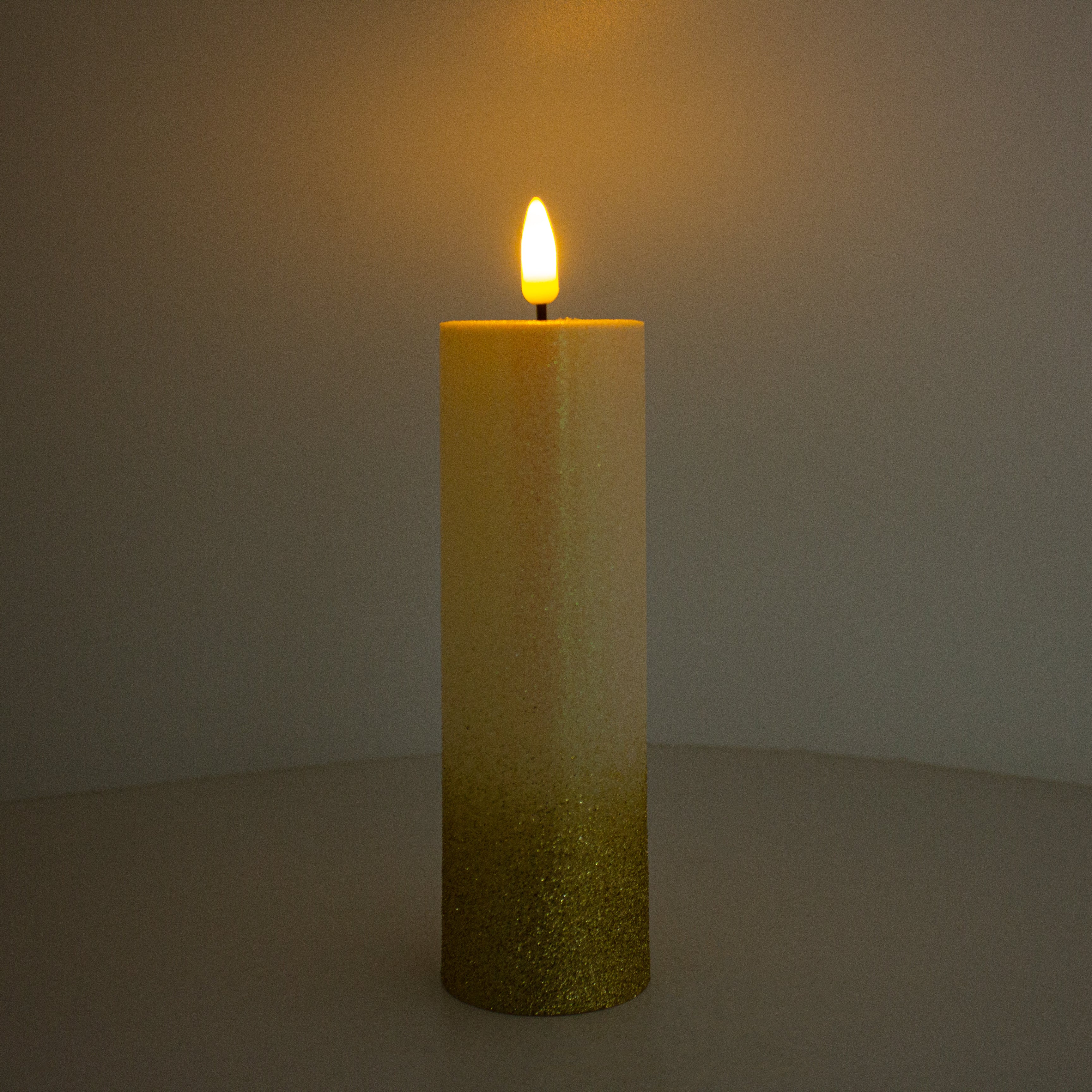 LED Pillar Candle Gold Glittered Warm Yellow Light 16cm 1pc