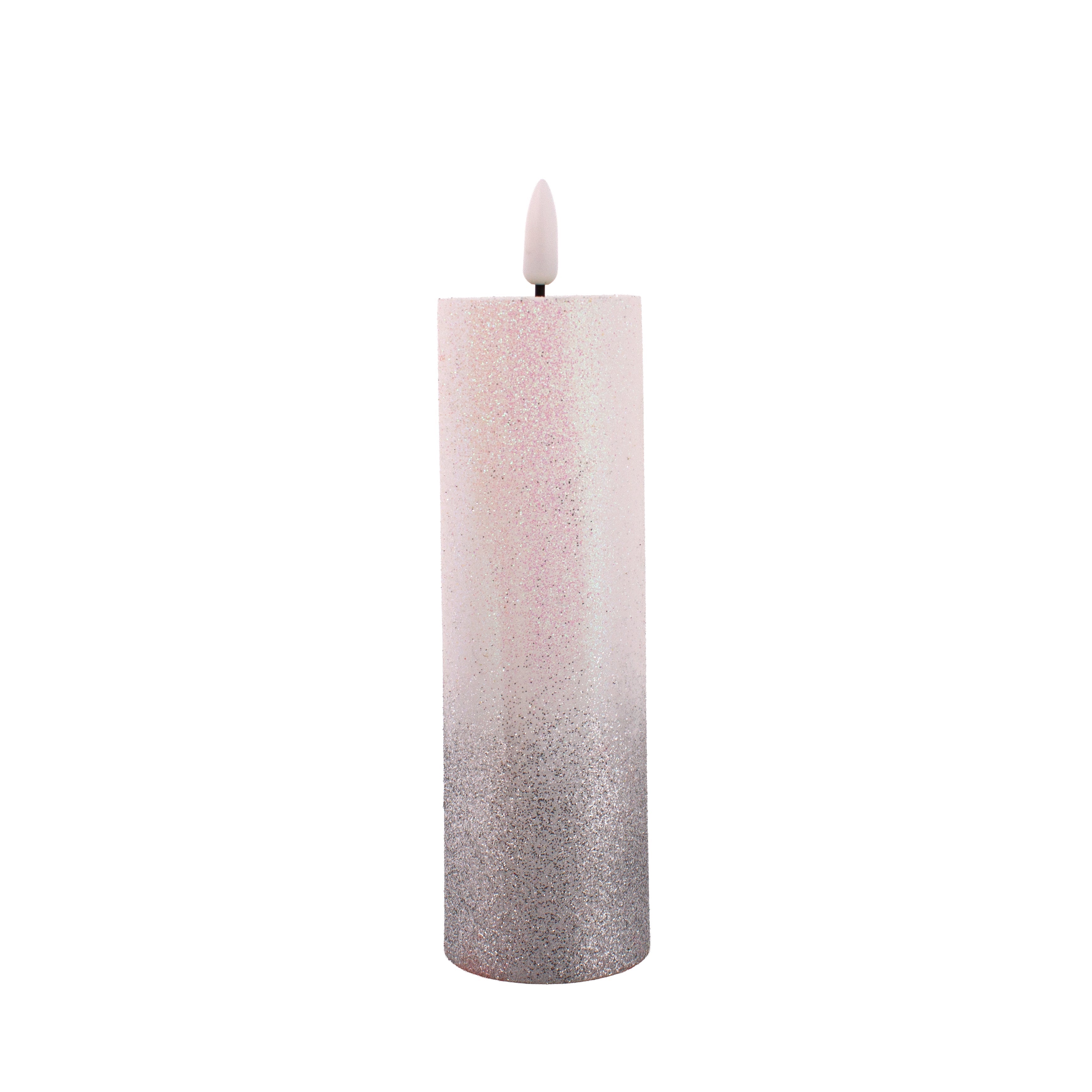 LED Pillar Candle Silver Glittered Warm Yellow Light 16cm 1pc