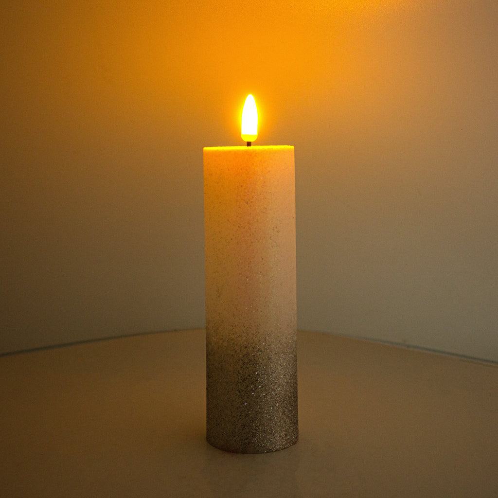 LED Pillar Candle Silver Glittered Warm Yellow Light 16cm 1pc