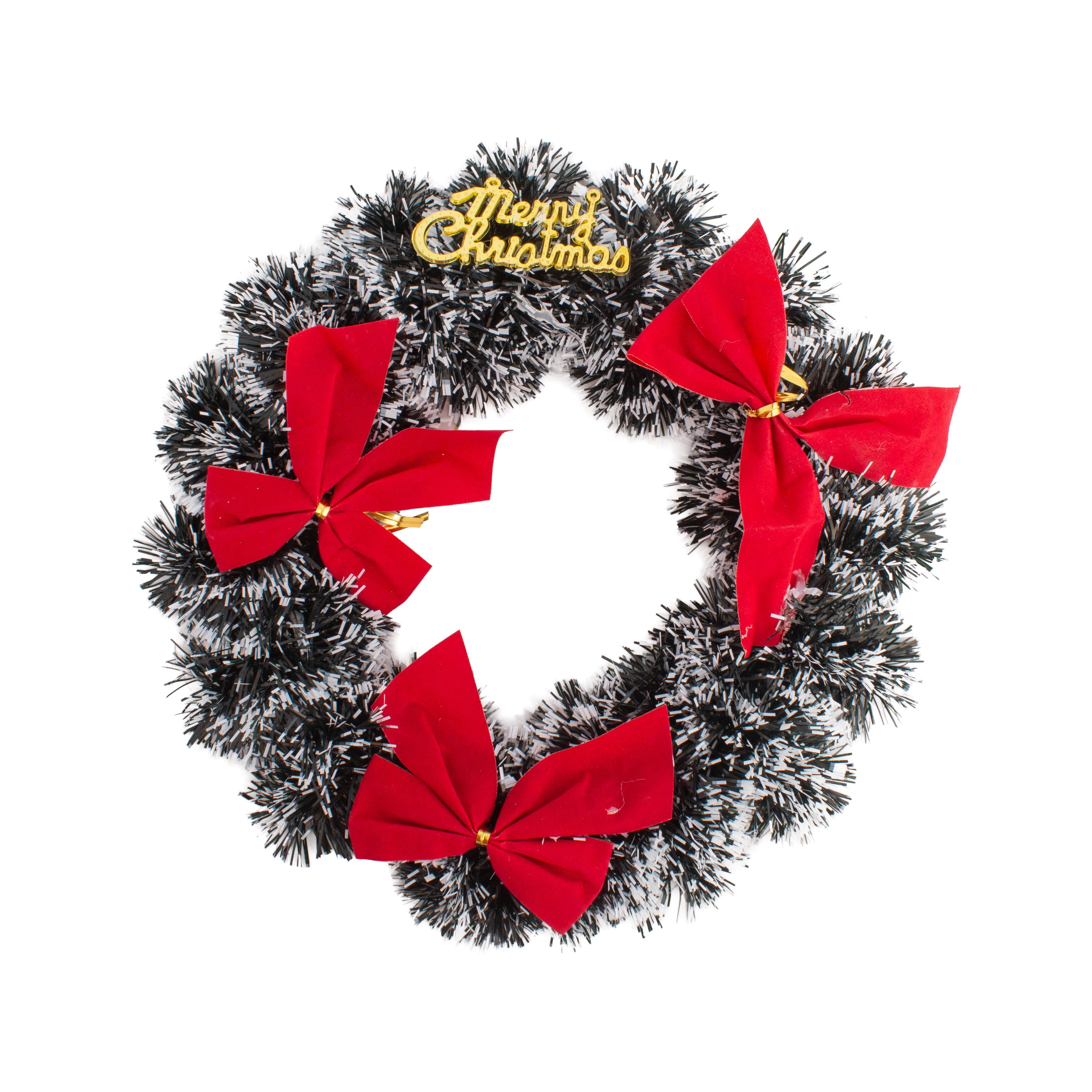Christmas Tinsel Wreath Snowy Green with Red Bow 25cm Dia 1pc