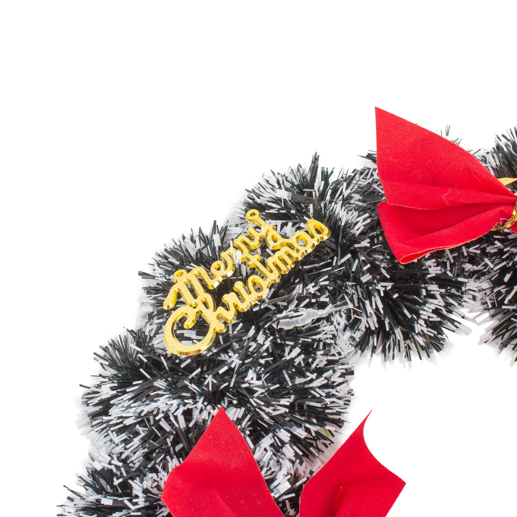 Christmas Tinsel Wreath Snowy Green with Red Bow 25cm Dia 1pc