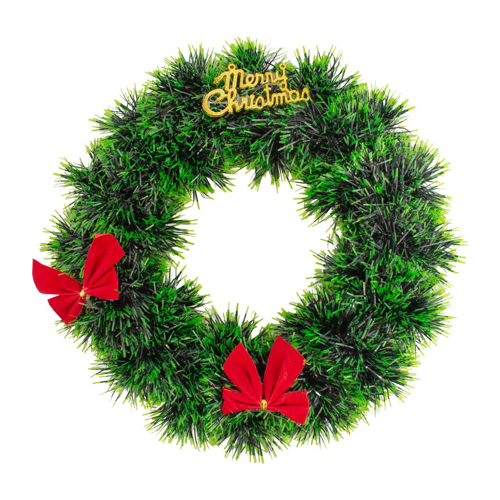 Christmas Tinsel Wreath Dark Green with Red Bow 25cm Dia 1pc