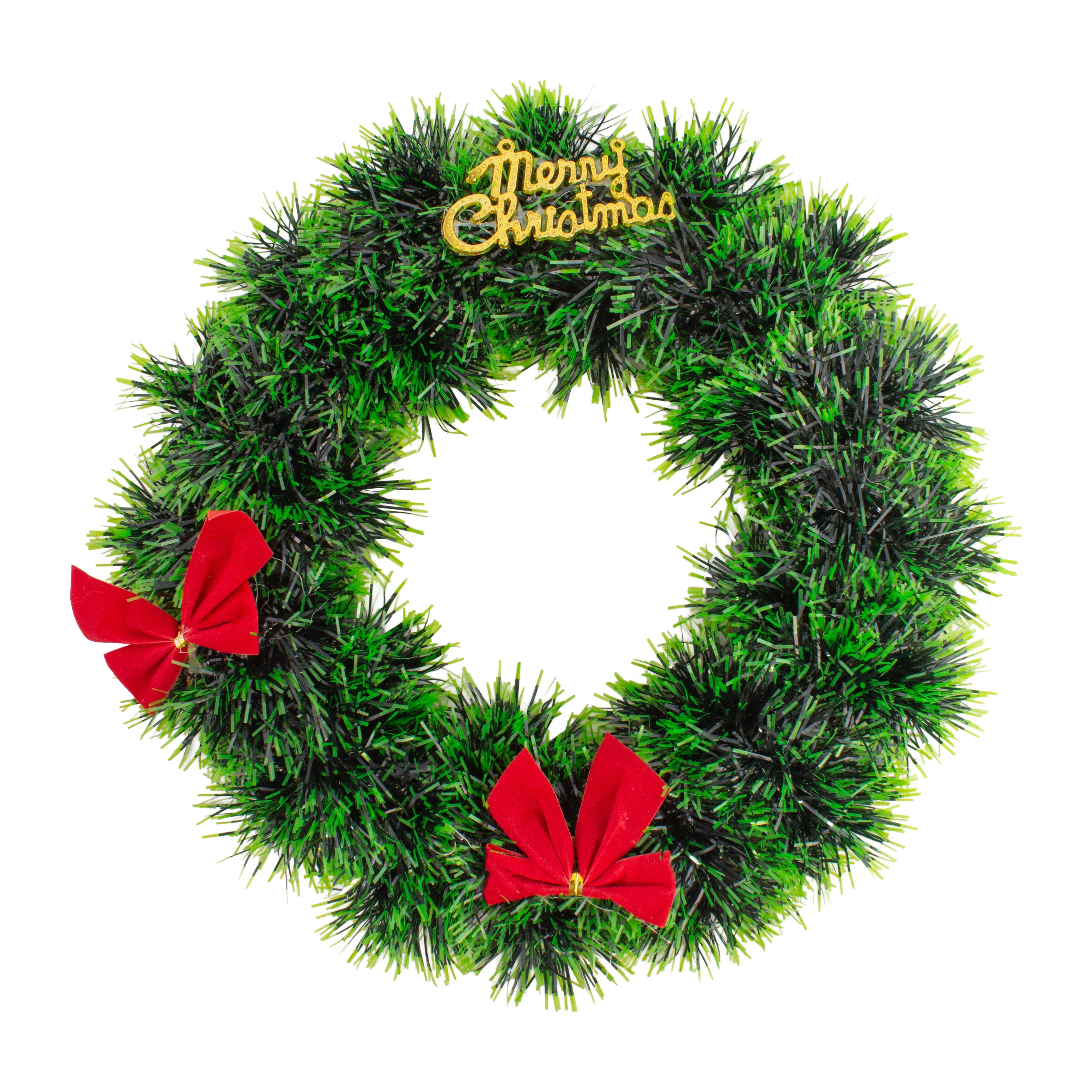 Christmas Tinsel Wreath Dark Green with Red Bow 25cm Dia 1pc