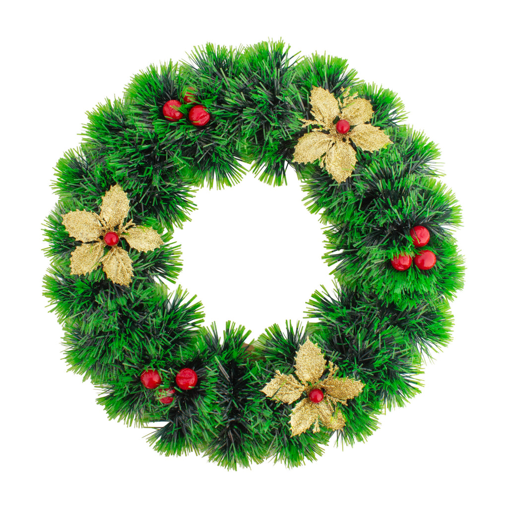 Christmas Tinsel Wreath Glitter Gold Poinsettia Floral & Berries 25cm Dia 1pc
