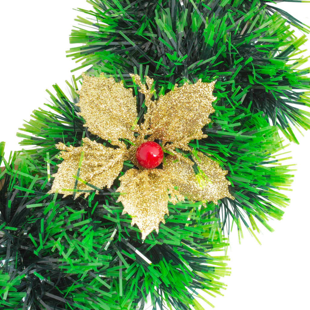 Christmas Tinsel Wreath Glitter Gold Poinsettia Floral & Berries 25cm Dia 1pc