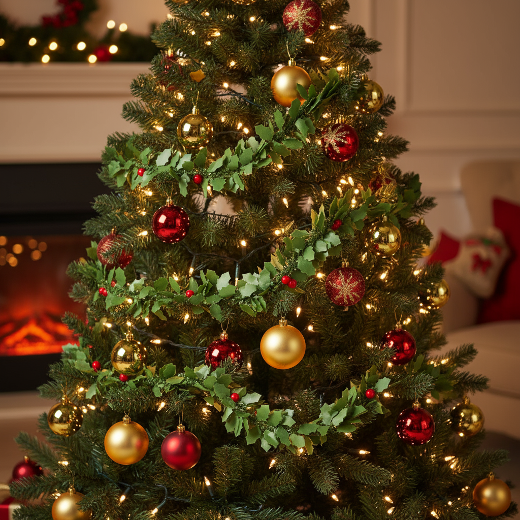 Christmas Holly Tinsel Garland with Berries Green 2m 1pc