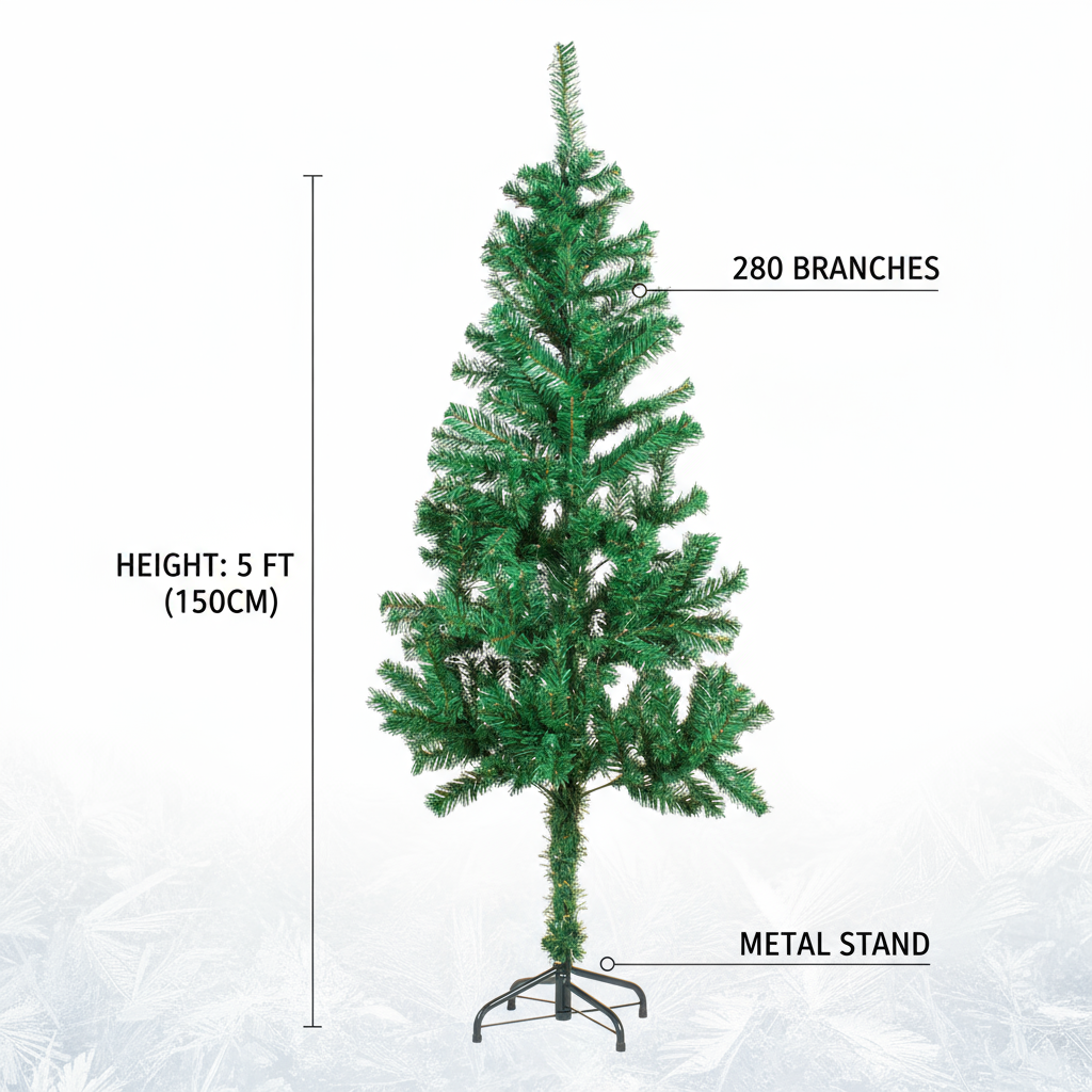 5 Feet - Christmas Festive Tree with Metal Stand 280 Branches (150cm) 1pc  (Ornaments Combo)