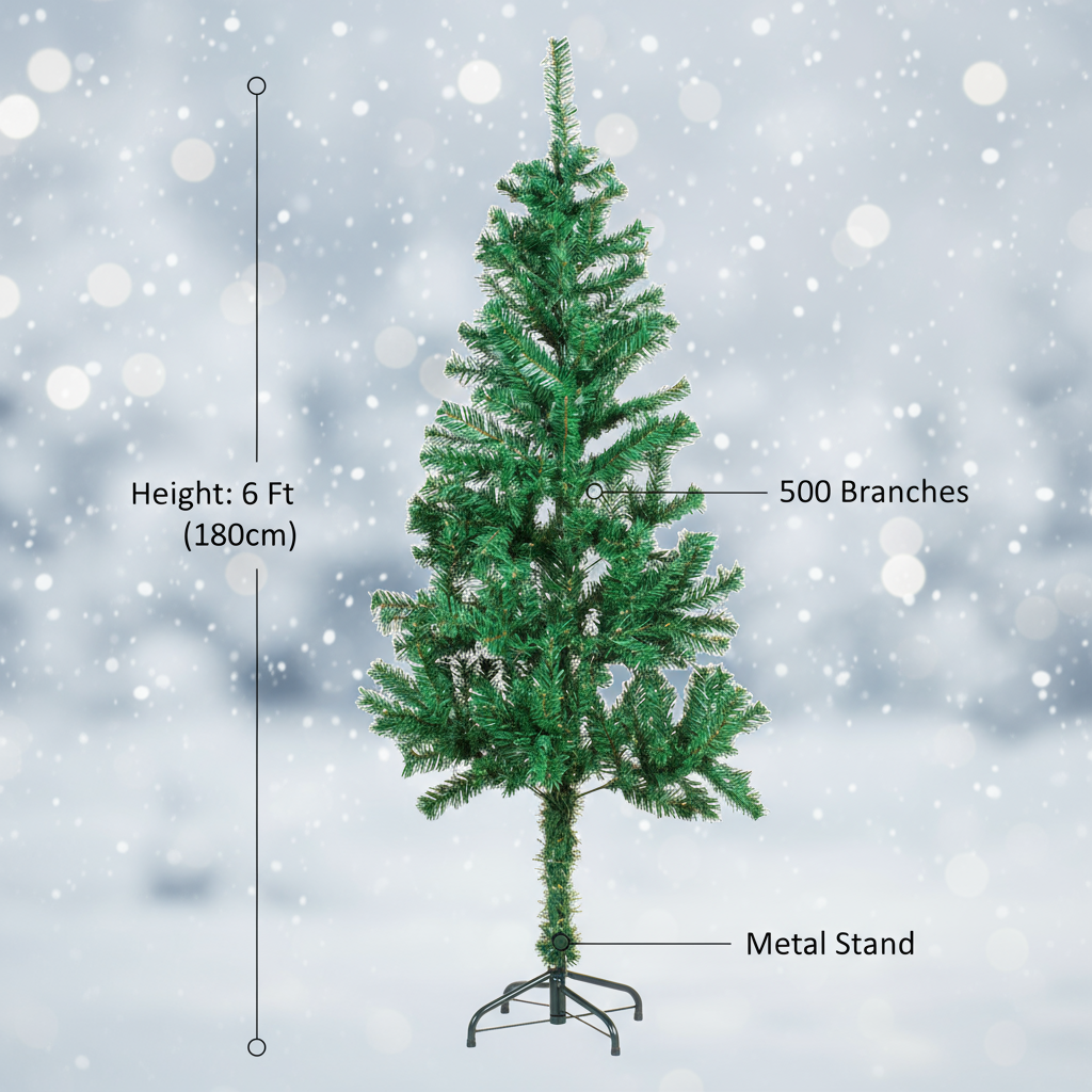 6 Feet - Christmas Festive Tree with Metal Stand 500 Branches (180cm) 1pc  (Ornaments Combo)