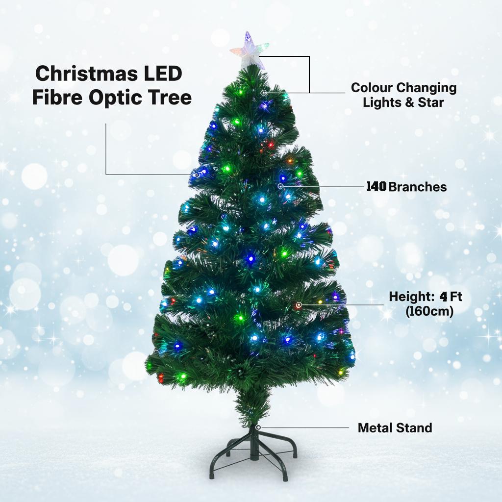 Christmas LED Fibre Optic Tree with Colour Changing Lights & Star 140 Branches 4 Ft (120cm) 1pc