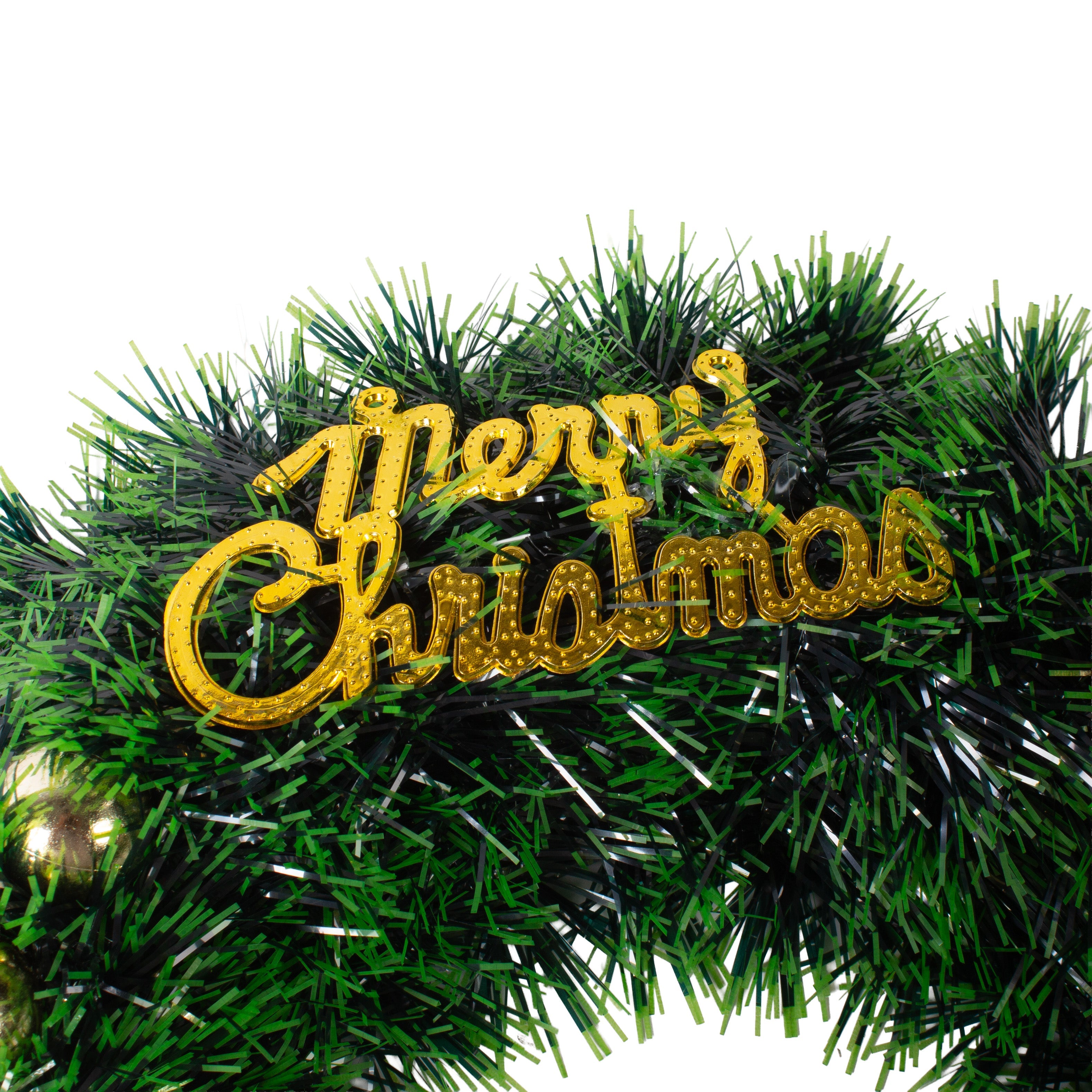 Christmas Tinsel Wreath Metallic Gold Holly Berrie with Merry Christmas 38cm Dia 1pc