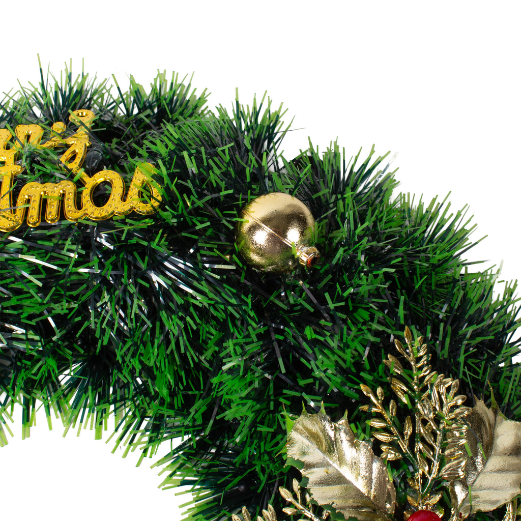 Christmas Tinsel Wreath Metallic Gold Holly Berrie with Merry Christmas 38cm Dia 1pc