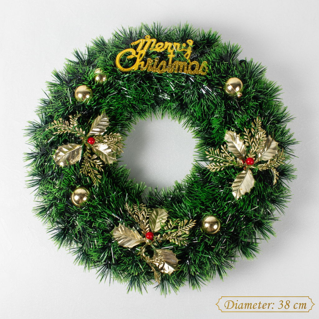 Christmas Tinsel Wreath Metallic Gold Holly Berrie with Merry Christmas 38cm Dia 1pc
