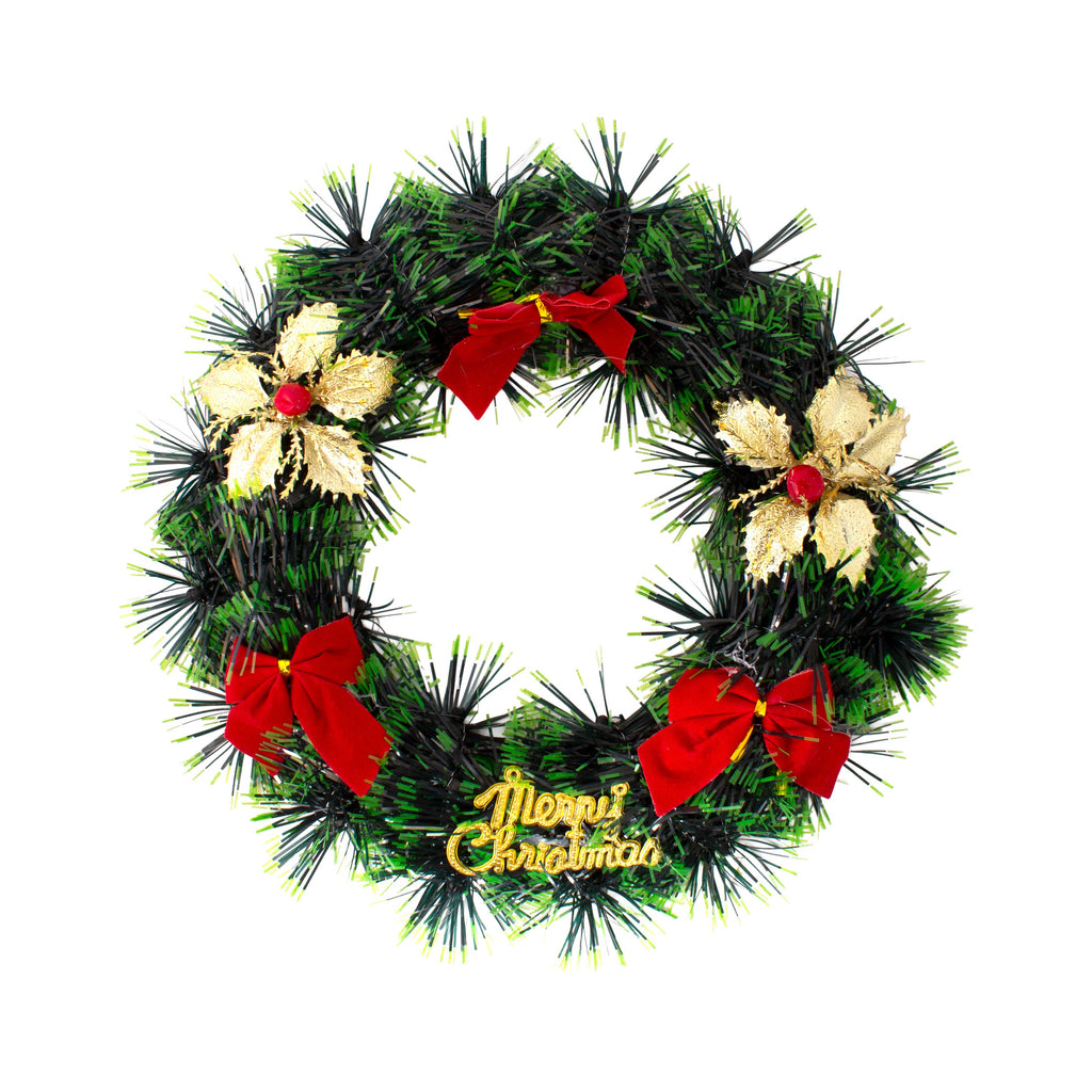 Christmas Tinsel Wreath Metallic Gold Holly Berrie with Merry Christmas 24cm Dia 1pc