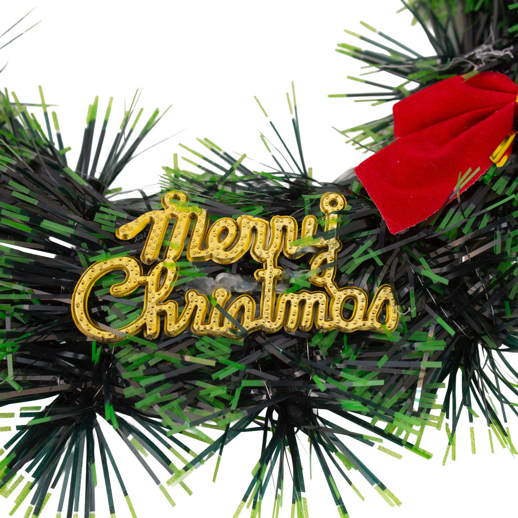 Christmas Tinsel Wreath Metallic Gold Holly Berrie with Merry Christmas 24cm Dia 1pc