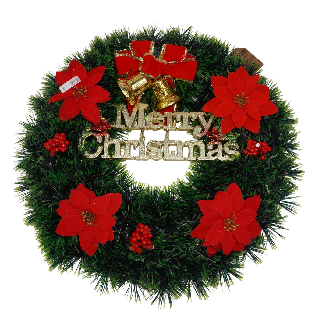 Christmas Tinsel Wreath Red Poinsettia & Bells with Merry Christmas Green 38cm Dia 1pc