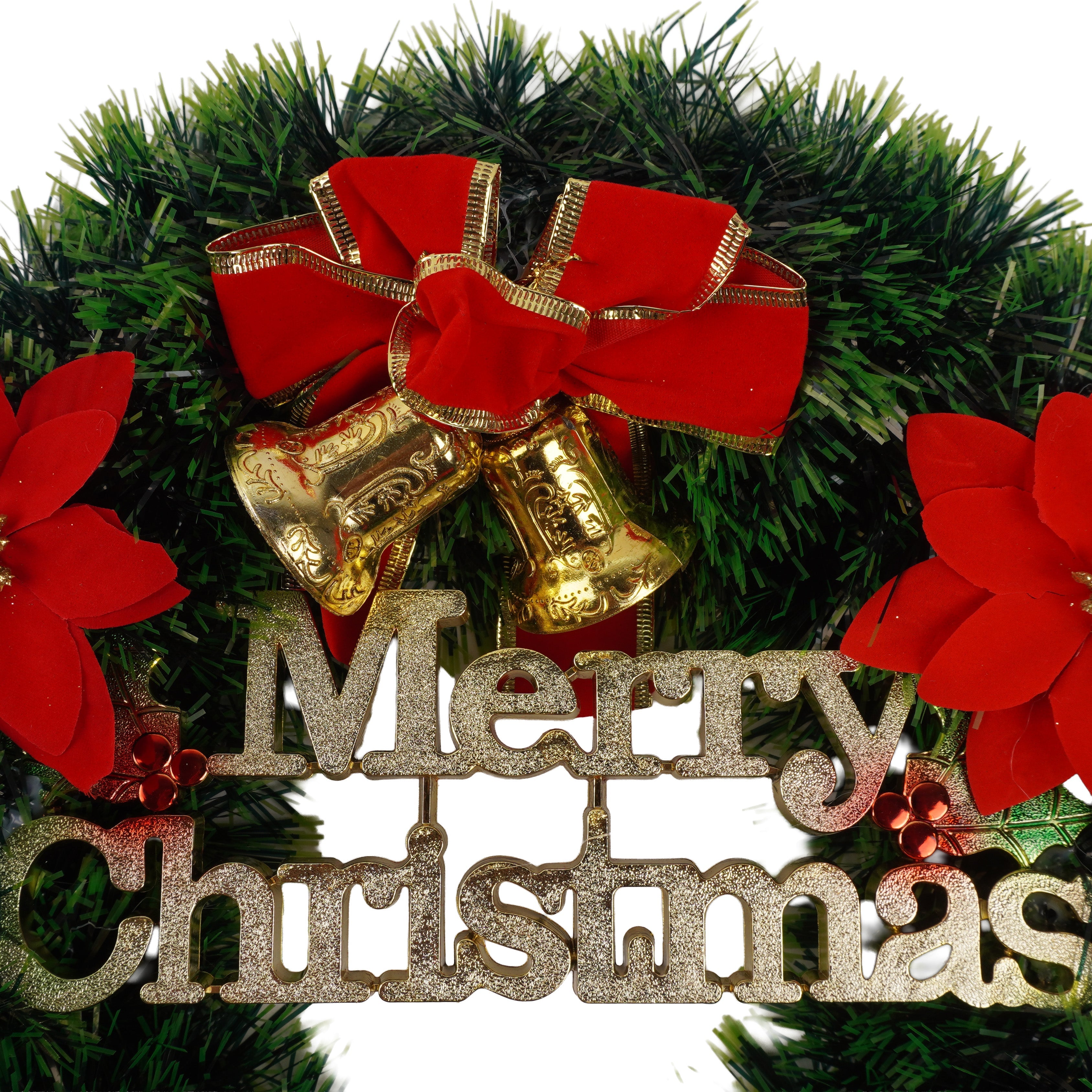 Christmas Tinsel Wreath Red Poinsettia & Bells with Merry Christmas Green 38cm Dia 1pc