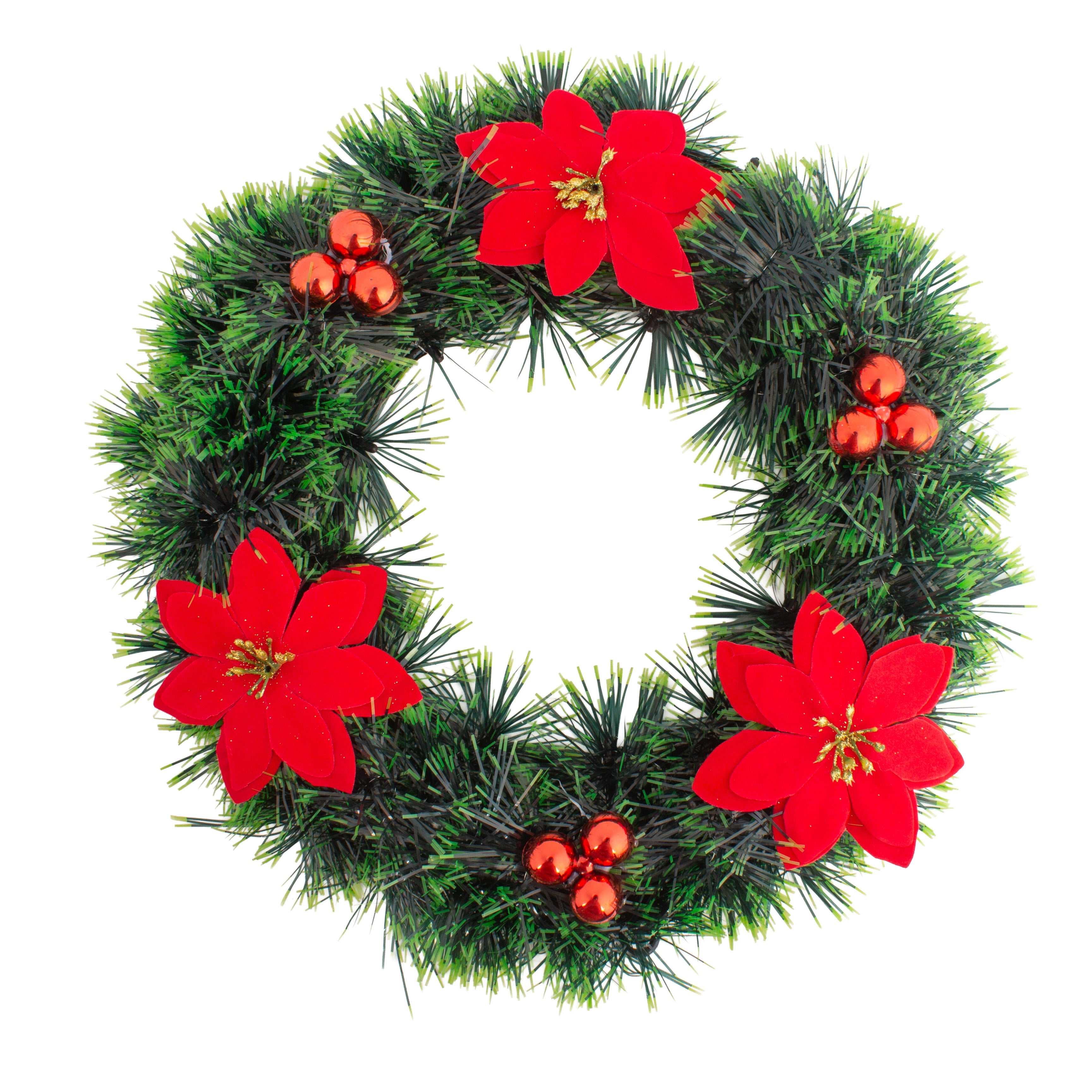 Christmas Tinsel Wreath Red Poinsettia & Bauble Green 30cm Dia 1pc