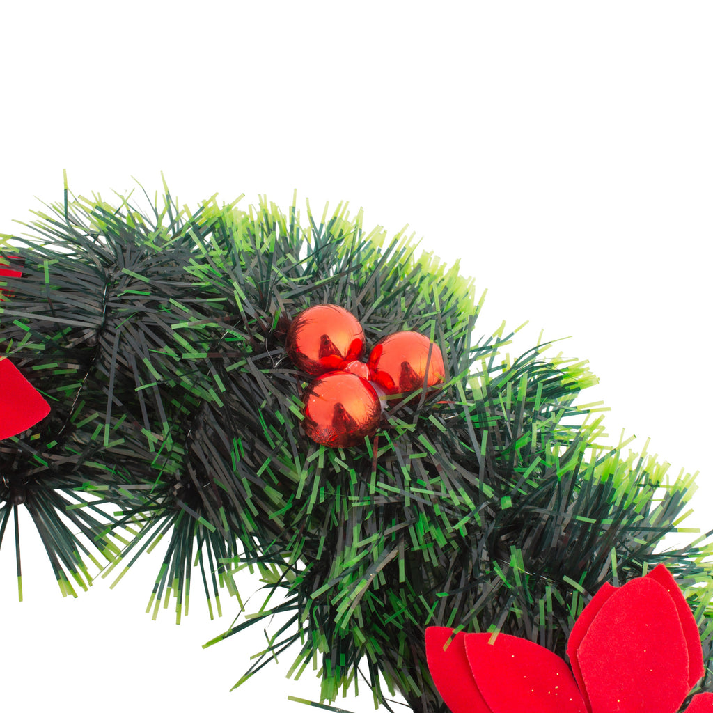 Christmas Tinsel Wreath Red Poinsettia & Bauble Green 30cm Dia 1pc
