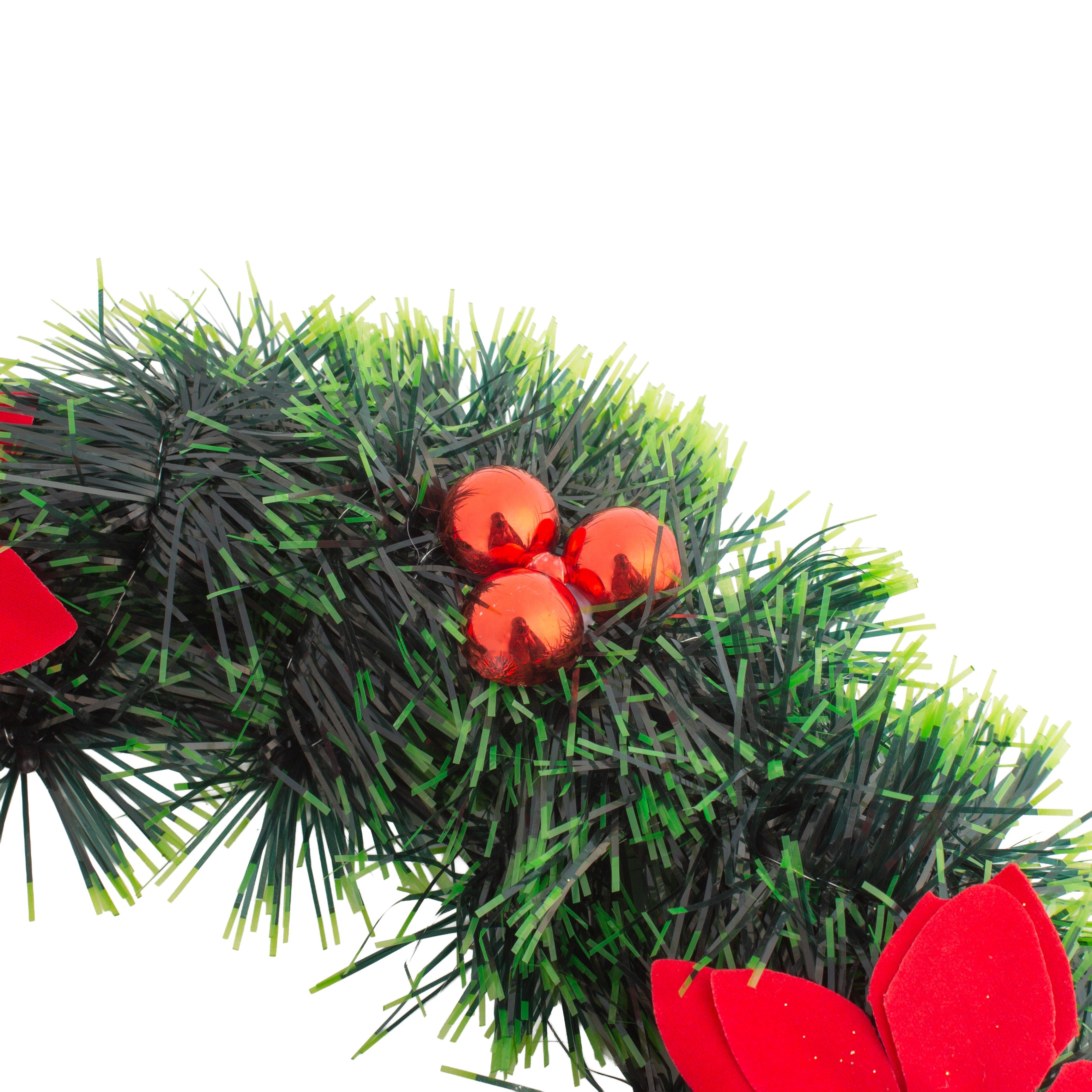 Christmas Tinsel Wreath Red Poinsettia & Bauble Green 30cm Dia 1pc